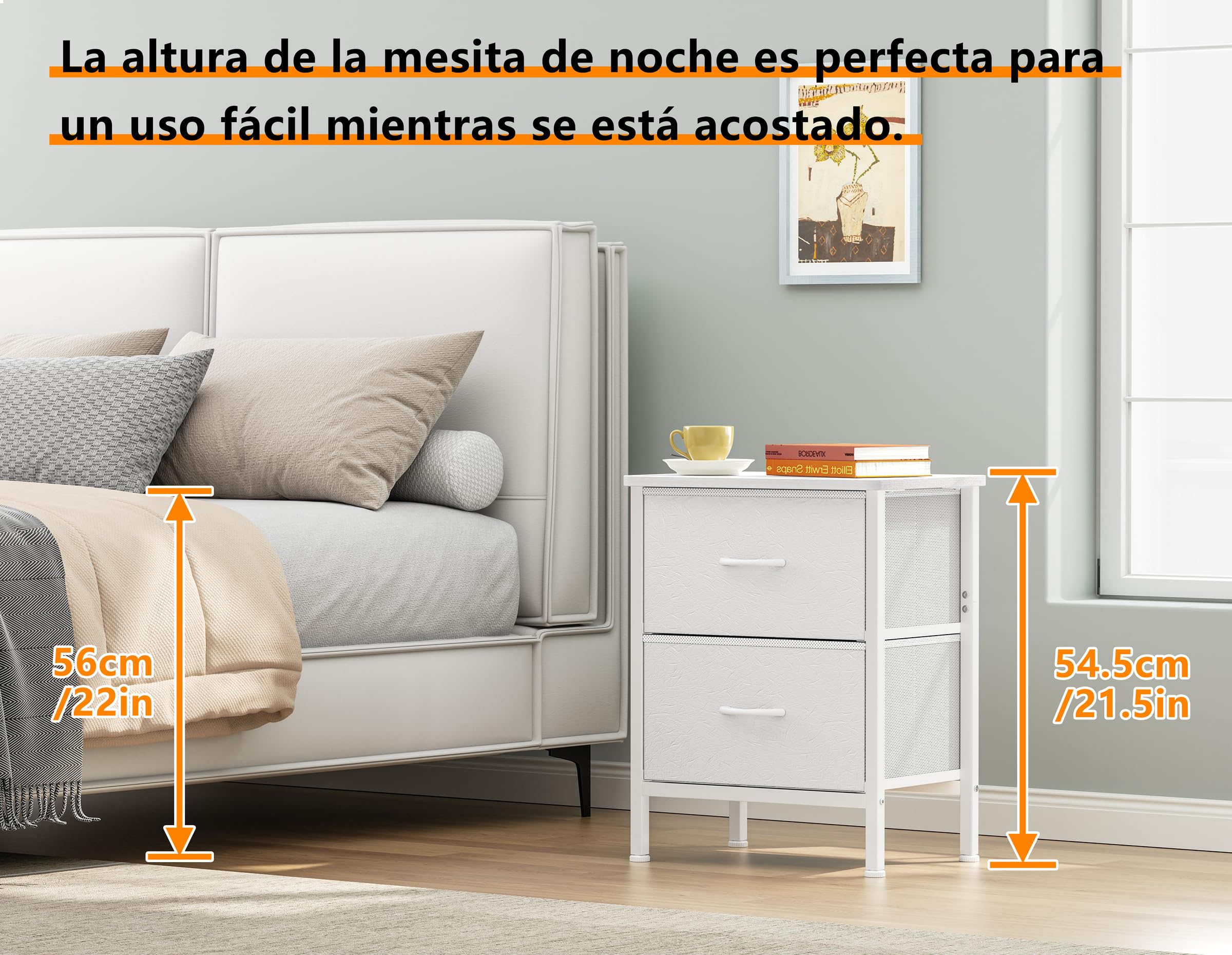 HOMIDEC Mesita de Noche, Juego de 2 Mesitas de Noche con Estructura de Metal y 2 Cajones de Tela de Gran Capacidad para Dormitorio, Salón, Color Blanco, 42 x 30 x 55 cm