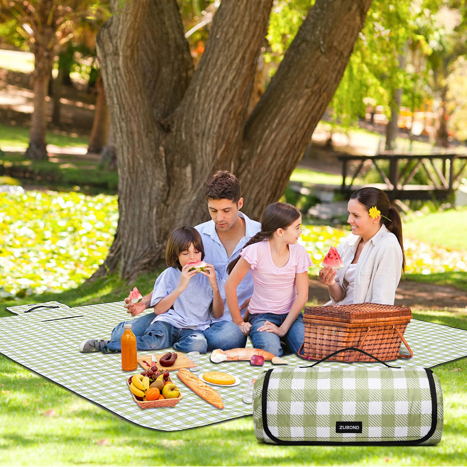 ZUBOND Koc piknikowy, wodoodporny, odporny na piasek, składany i można prać w pralce, 203 x 250 cm, bardzo duży koc plażowy, prosty, stylowy koc w kratkę, na zewnątrz, trawnik, park, na rodzinny