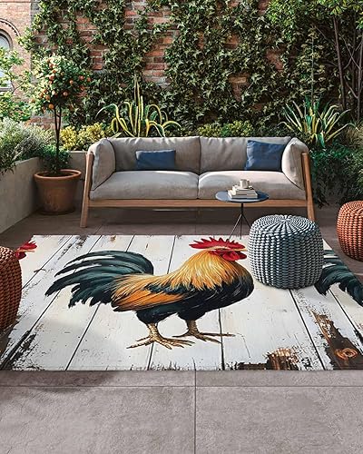 Vintage Rooster Outdoor Rug,6x9 Feet Outdoor Plastic Straw Rug,Stainproof Patio Rug,Indoor Outdoor Carpet,Watercolor Retro Farmhouse Rooster Area