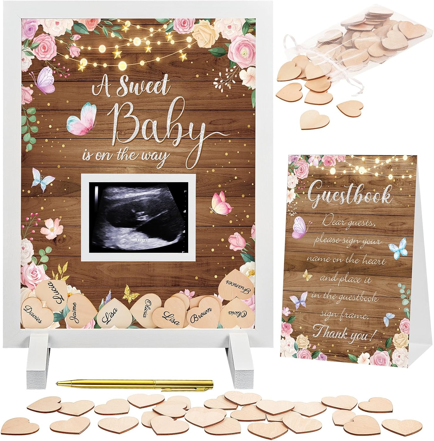 Kosiz Rustic Wood Floral Baby Shower Guest Book Alternatives Butterfly Pink Flower Guest Book Frame with Wooden Hearts for 60 Guests Baby Shower Sign Pregnancy Keepsake for Soon to Be Moms