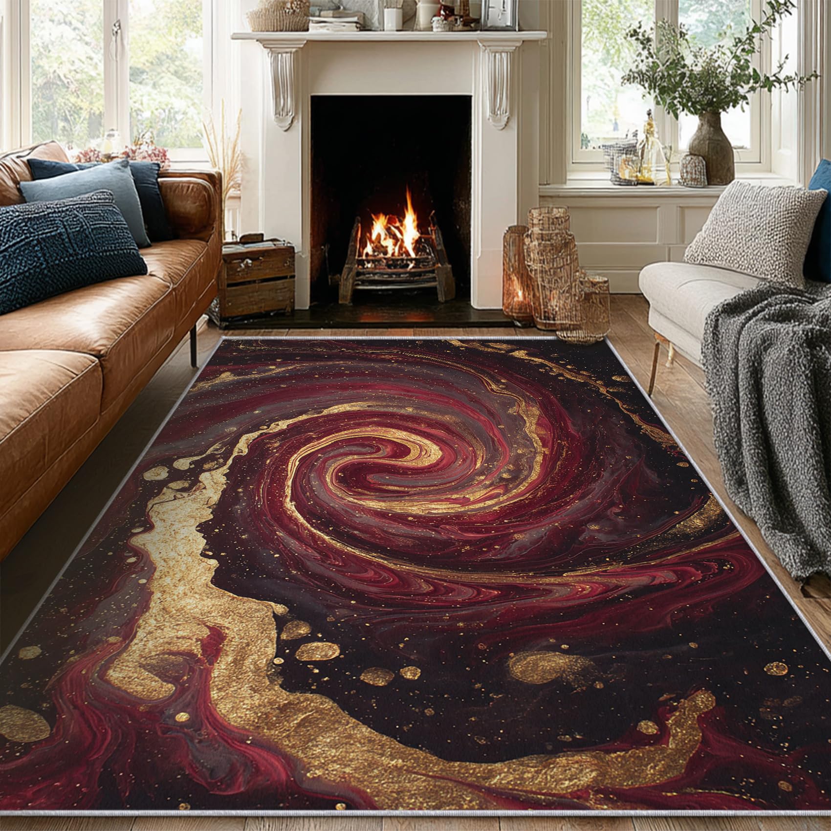 Teppich Klein Weinrot Wohnzimmer 80 x 150 cm Mit Bordeaux Rot Gold Marmor Muster, Weinrot Schlafzimmer Deko Bettvorleger, Kurzflor rutschfest Waschbar Teppiche Gegend
