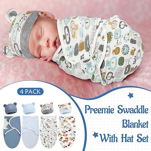 Miniatura 4 de Buryeah Paquete de 4 mantas con gorro para bebés niños y niñas prematuros para bebés y niñas prematuros para bebés de 3 a 7 libras, Bonito estilo.
