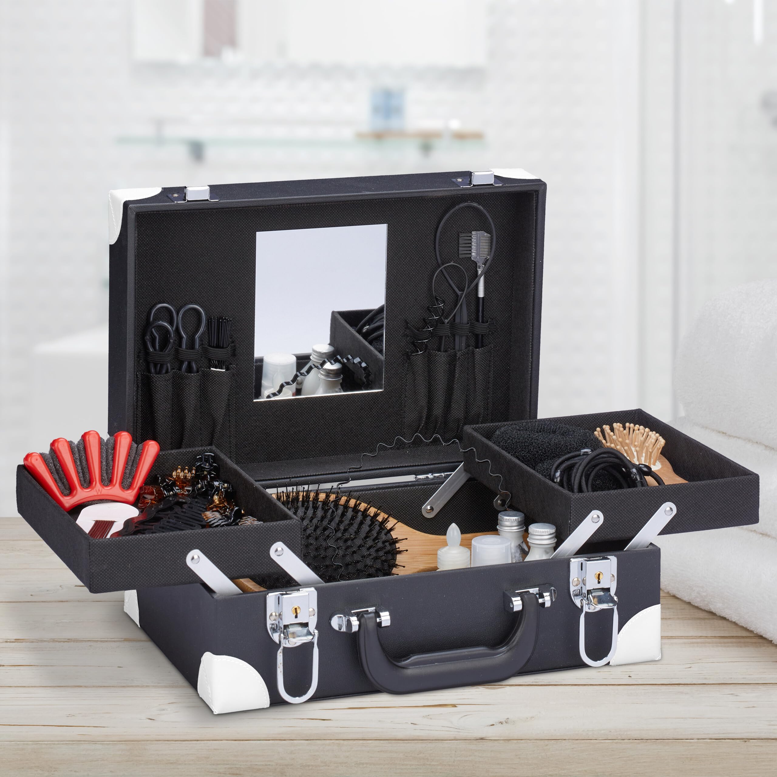 Relaxdays Valigetta per Trucchi, Organizer Make-Up per Cosmetici con Specchio, HLP 12,5 x 31 x 23 cm, Vuoto, Nero Bianco