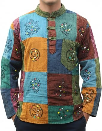 Shopoholic Fashion Mens Boho Patchwork Cotton Long Sleeves Stonewashed Mandarin Collar Hippie Summer Festivals Shirt