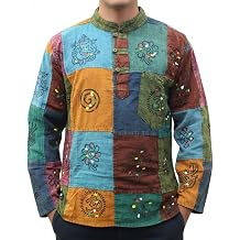 Shopoholic Fashion Mens Boho Patchwork Cotton Long Sleeves Stonewashed Mandarin Collar Hippie Summer Festivals Shirt