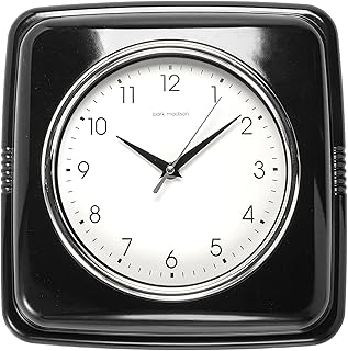 Park Madison Square Silent Retro 11 inch Mid Century Modern Kitchen Diner Retro Wall Clock Silent Quartz Movement, Black