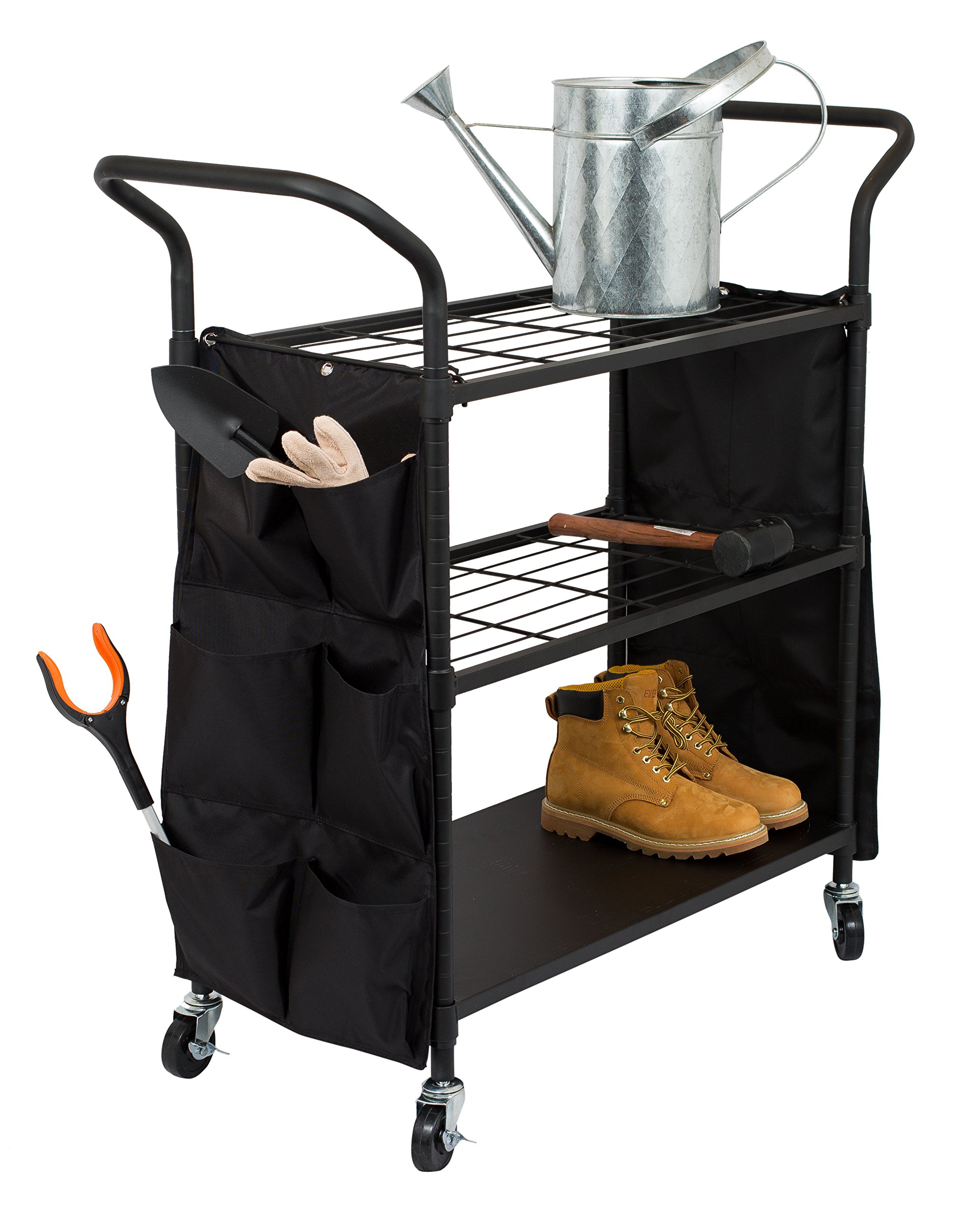 Internet's Best Garden Tool Utility Cart - Flat Black - 3 Tier Shelving Cart with Locking Wheels - Rolling Cart for Garden Garage Office - 12 Storage Pockets