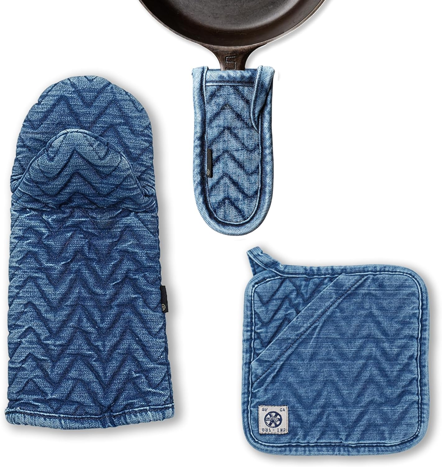 Herringbone Quilted Vintage Wash Oven Mitt, Pan Handle Holder, and Pot Holder/Trivet Bundle Set in Medium Denim