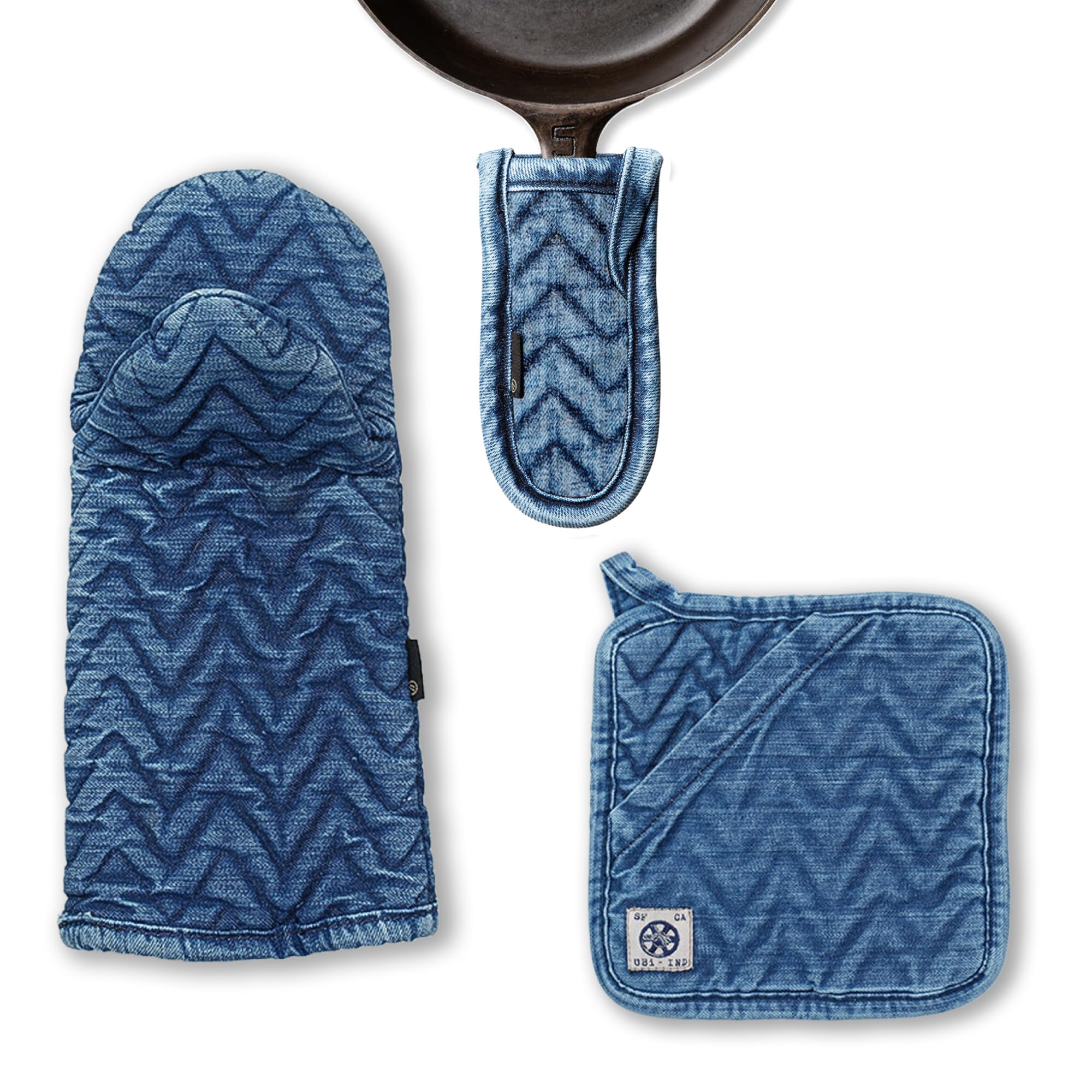 Pikowana dżinsowa rękawica do piekarnika w jodełkę, uchwyt na patelnię dżinsową, uchwyt na patelnię i denim, zestaw w średnim stylu vintage