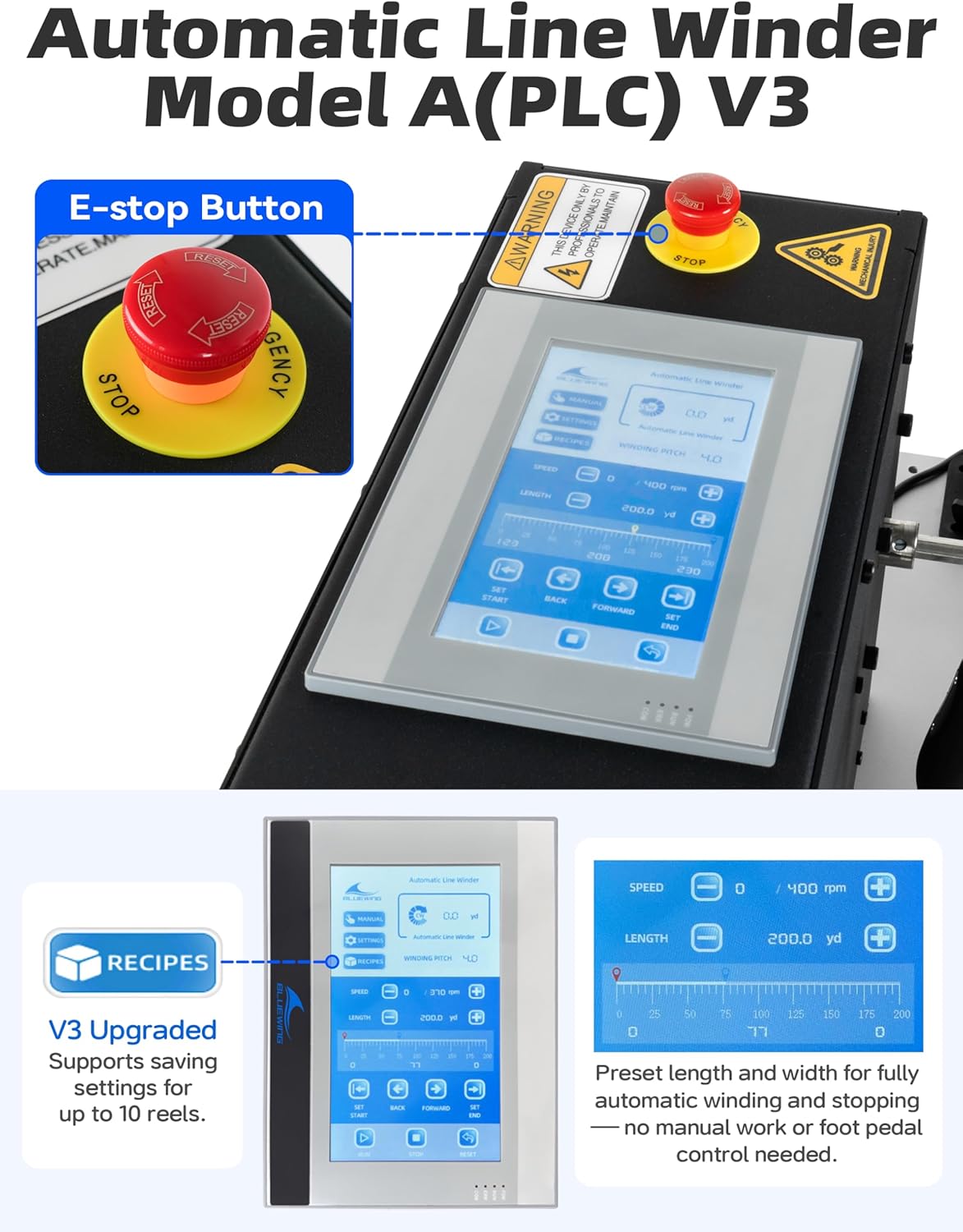 BLUEWING V3 Upgraded Automatic Line Winder Model A (PLC) Electric Fishing Line Spooling Machine for Winding & Releasing Conventional Baitcasting and Spinning Reels