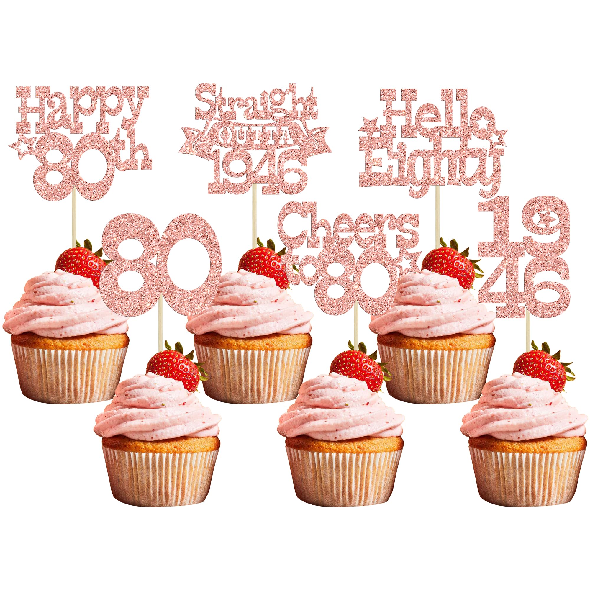 Ephlyn 30Pcs Happy 80th Birthday Cupcake Toppers Glitter Eighty Straight Outta 1946 Cupcake Picks Cheers to 80 Years Cake Decorations for Happy 80th Birthday Anniversary Party Supplies Rose Gold