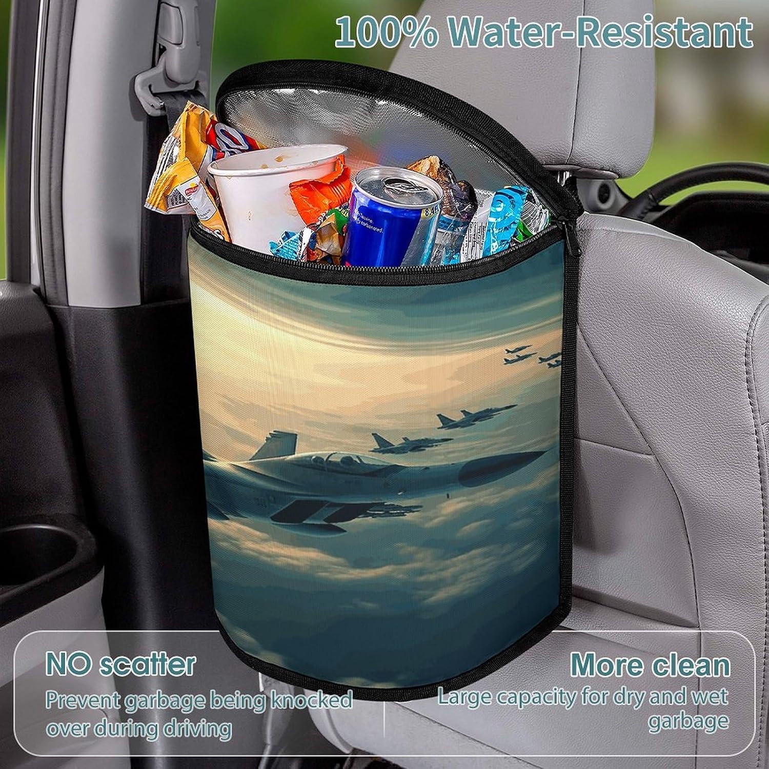 Aircraft Fighter Jets Car Trash Can with Lid Multipurpose Trash Bin for Cars Leak-Proof Cars Organizer Storage Bag Waterproof Garbage Can Hanging Car Trash Bag for SUV Truck RV