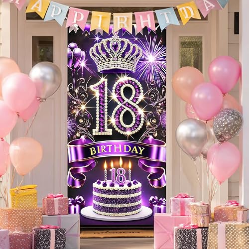 HOMETITUTE 18th Birthday Door Cover 35x71 Inch Cake Balloons Decor