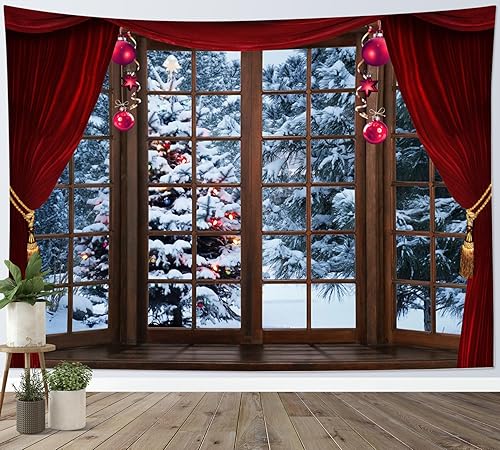 Miniatura 3 de LB Tapiz de bosque de invierno, pino de Navidad con ventana marrón, cortina roja para dormitorio, paisaje de invierno, tapiz colgante de pared, arte