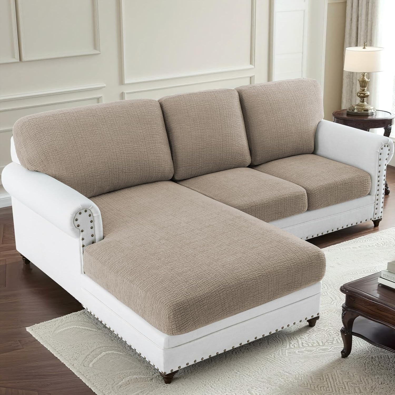 H.VERSAILTEX Super Stretch Jacquard Sectional Couch Covers Chaise Slipcover L Shape Separate Cushion Couch Cover for Both Left/Right Sectional Couch (1 PC, Chaise Couch Cover, Sand)