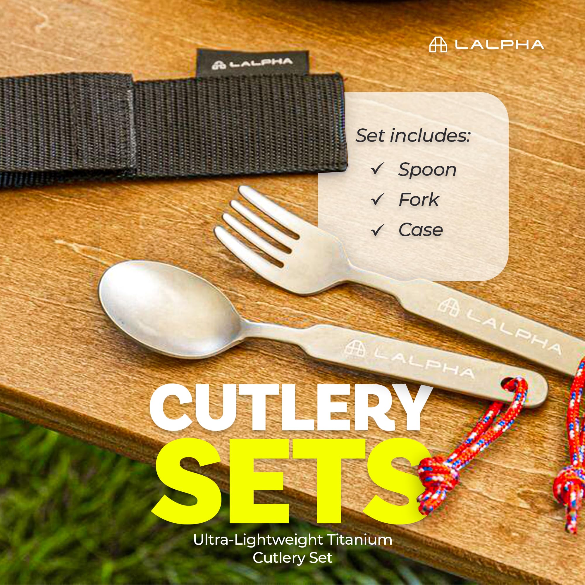 LALPHA Ultra-Lightweight Titanium Cutlery Set - Made in Tsubame-Sanjo, Includes Spoon and Fork with Storage Case for Backpacking