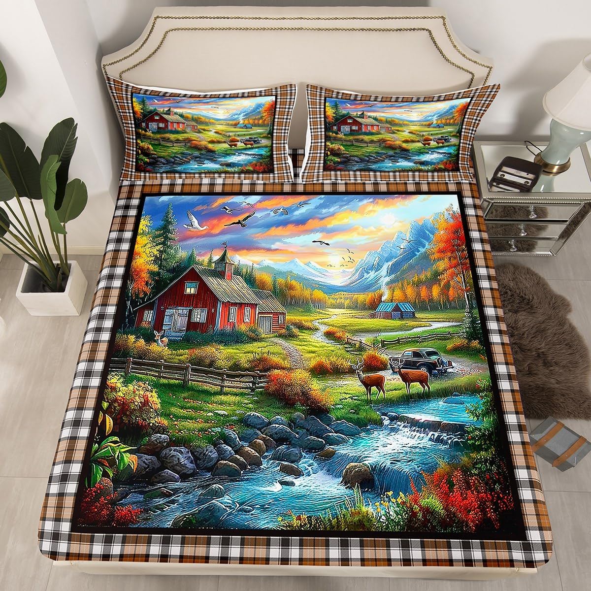 Farmhouse Grid Mattress Cover Queen Size,Rustic Barn Wild Deer Animal Hunt Lodge Fitted Sheet with 2 Pillowcases,Natural Lake Pine Mountain Scenery Microfiber Mattress Protector,No Flat Sheet
