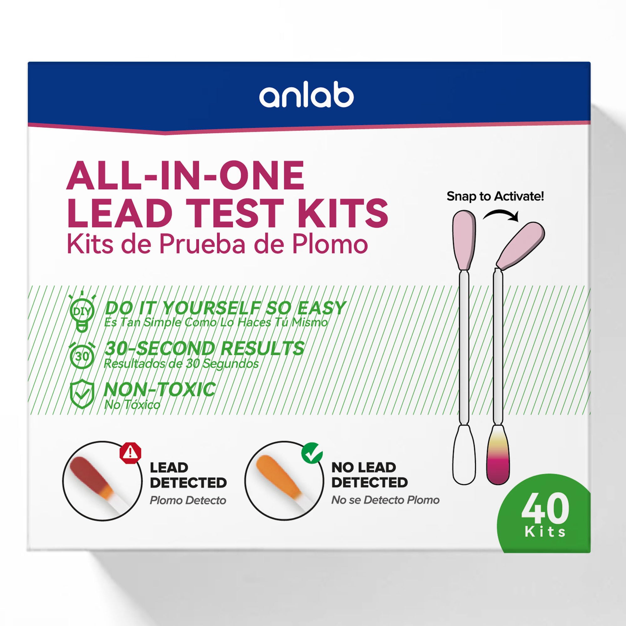 anlab™ Lead Test Kit | Rapid Results in Less Than 30 Seconds | All-in-One, No Vinegar Needed | Check Lead in Painted Surfaces, Wood, Metal & More | Disposable Cotton Swabs - (40 Count)