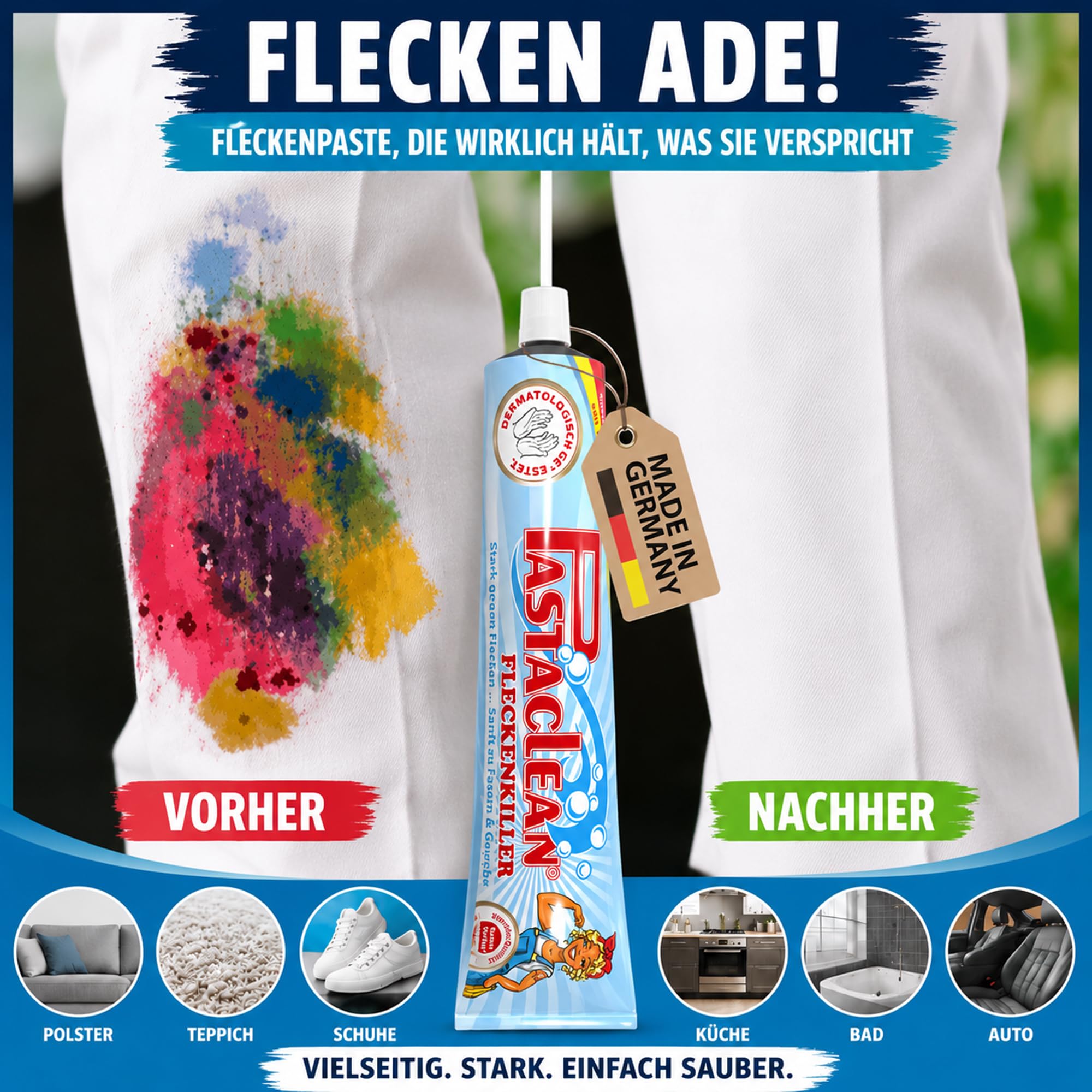 Pastaclean Fleckenpaste, Fleckentferner für alle Fleckenarten, 4x 100ml + Schwamm
