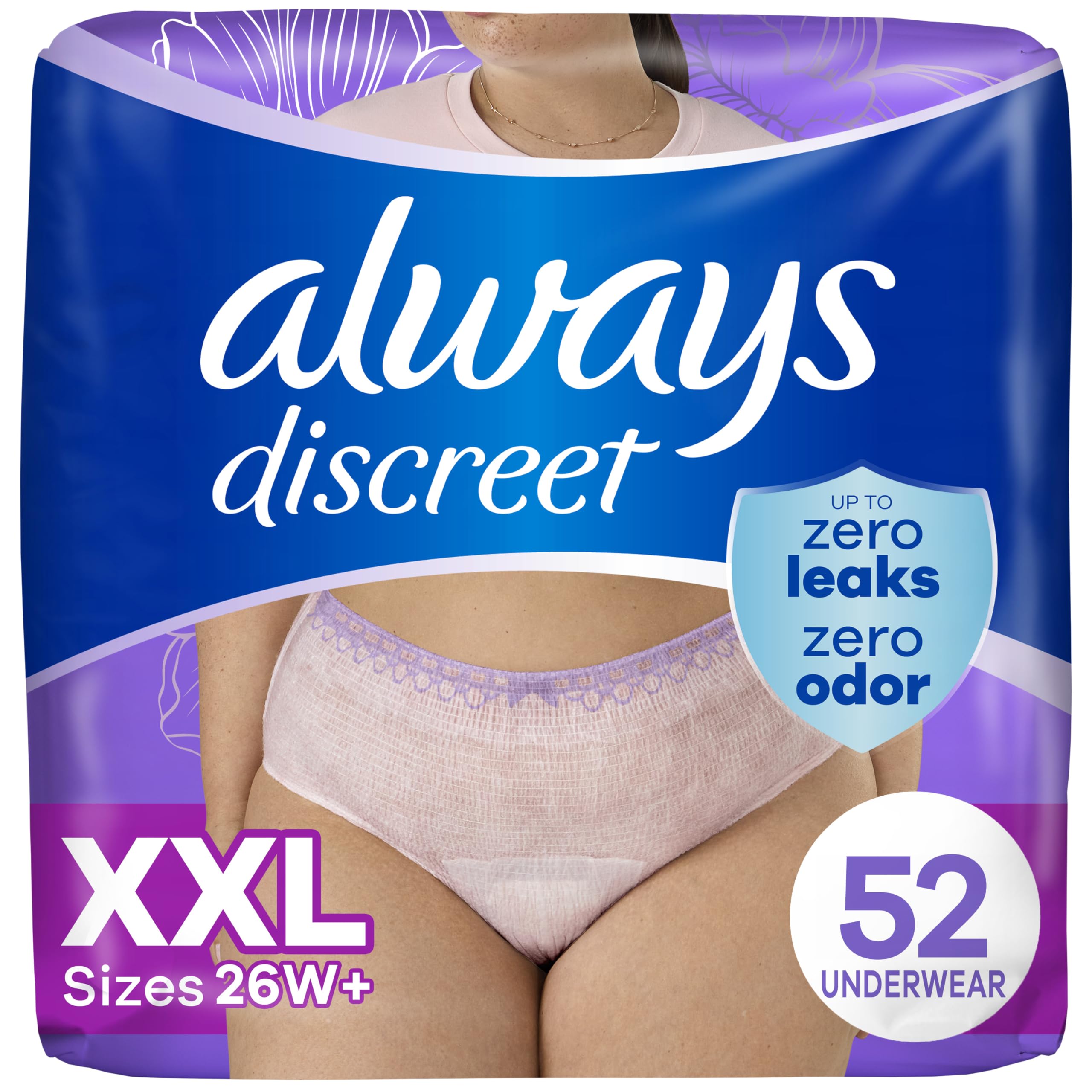 Always Discreet Adult Diapers for Women, Incontinence Underwear, Postpartum Essentials, Disposable Briefs, Max Absorbency, Bladder Leak Protection, 2XL / XXL, 52ct