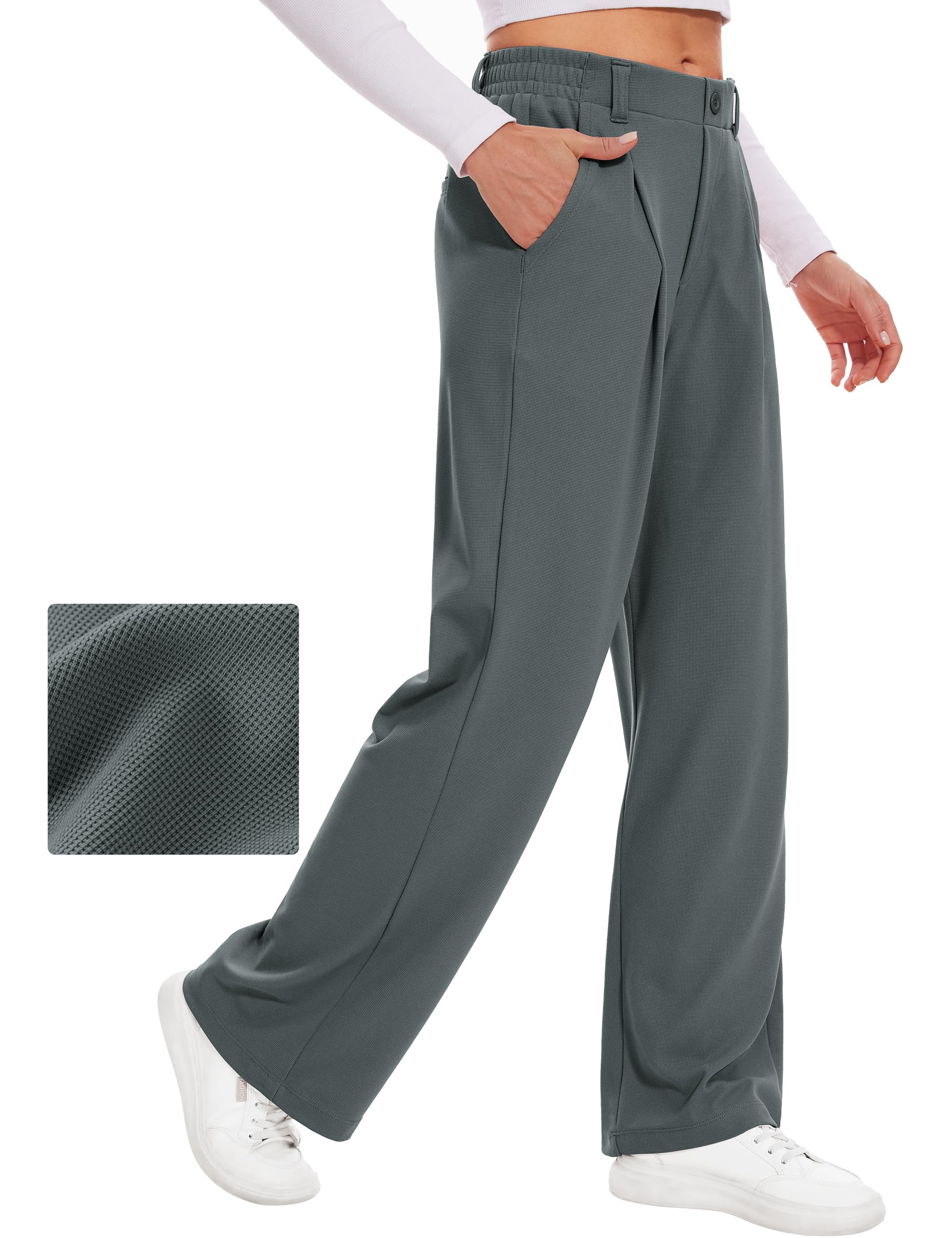 Desol Womens Wide Leg Work Pants Waffle Knit Dress Pants Stretchy High Waisted Slack Casual Palazzo Pants for