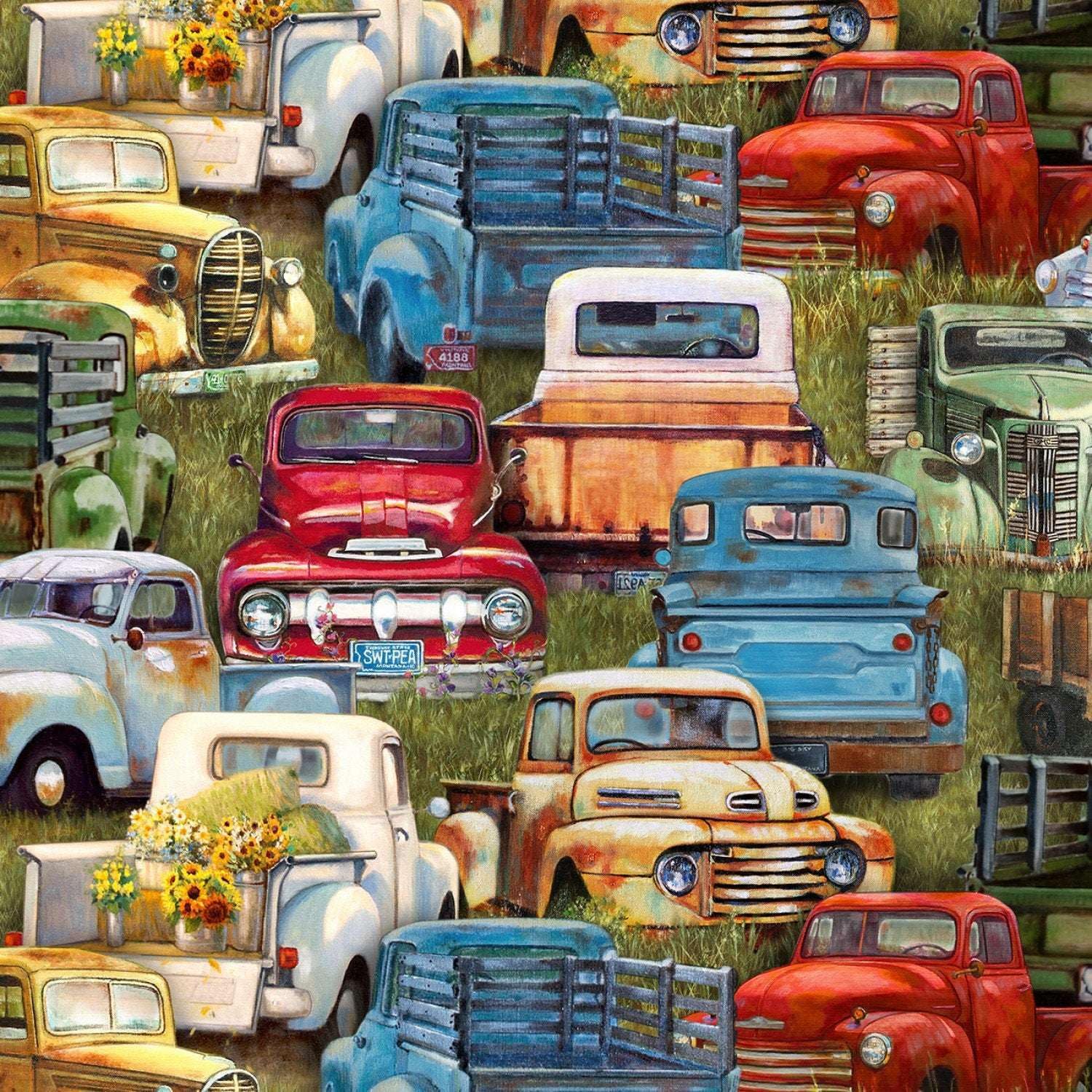 Vintage Trucks Packed Trucks Green, Fabric by The Yard