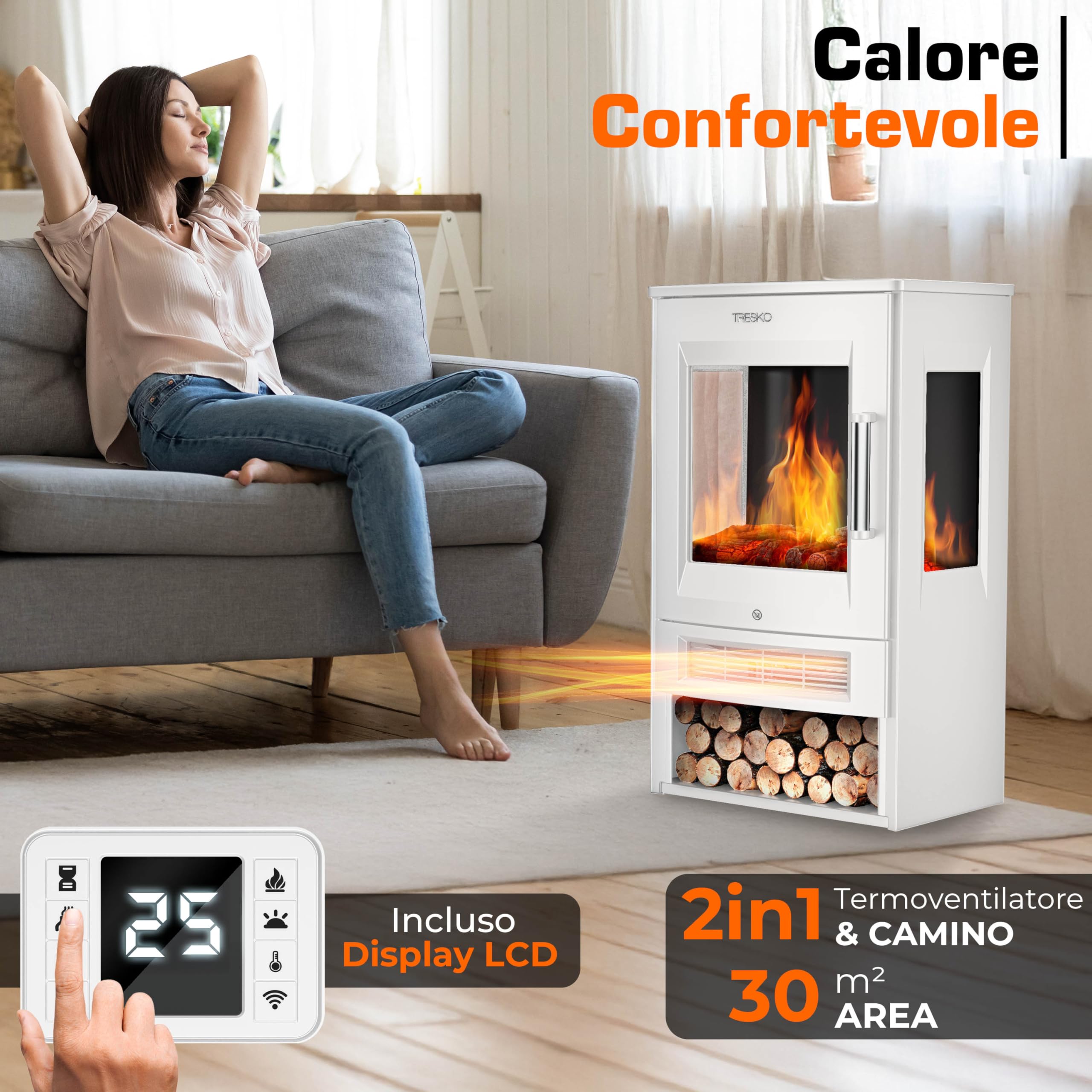 TRESKO Camino elettrico con riscaldamento con telecomando e app WiFi, camino elettrico, 1800 W, effetto fiamma a LED, modalità di colore, termostato, timer, stufa elettrica, camino, camino, 2 livelli
