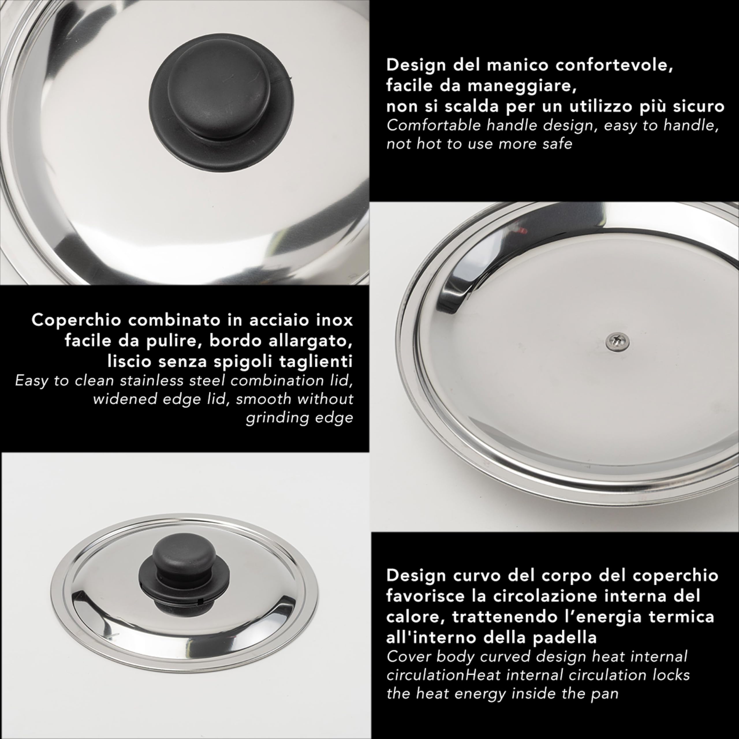 IPEA Coperchio per Padella o Pentola in Acciaio Inox - 18/20 / 22/24 / 26/28 / 30 cm - Coperchio Rotondo Universale con Pomello per Padelle da Cucina - Lavabile Lavastoviglie