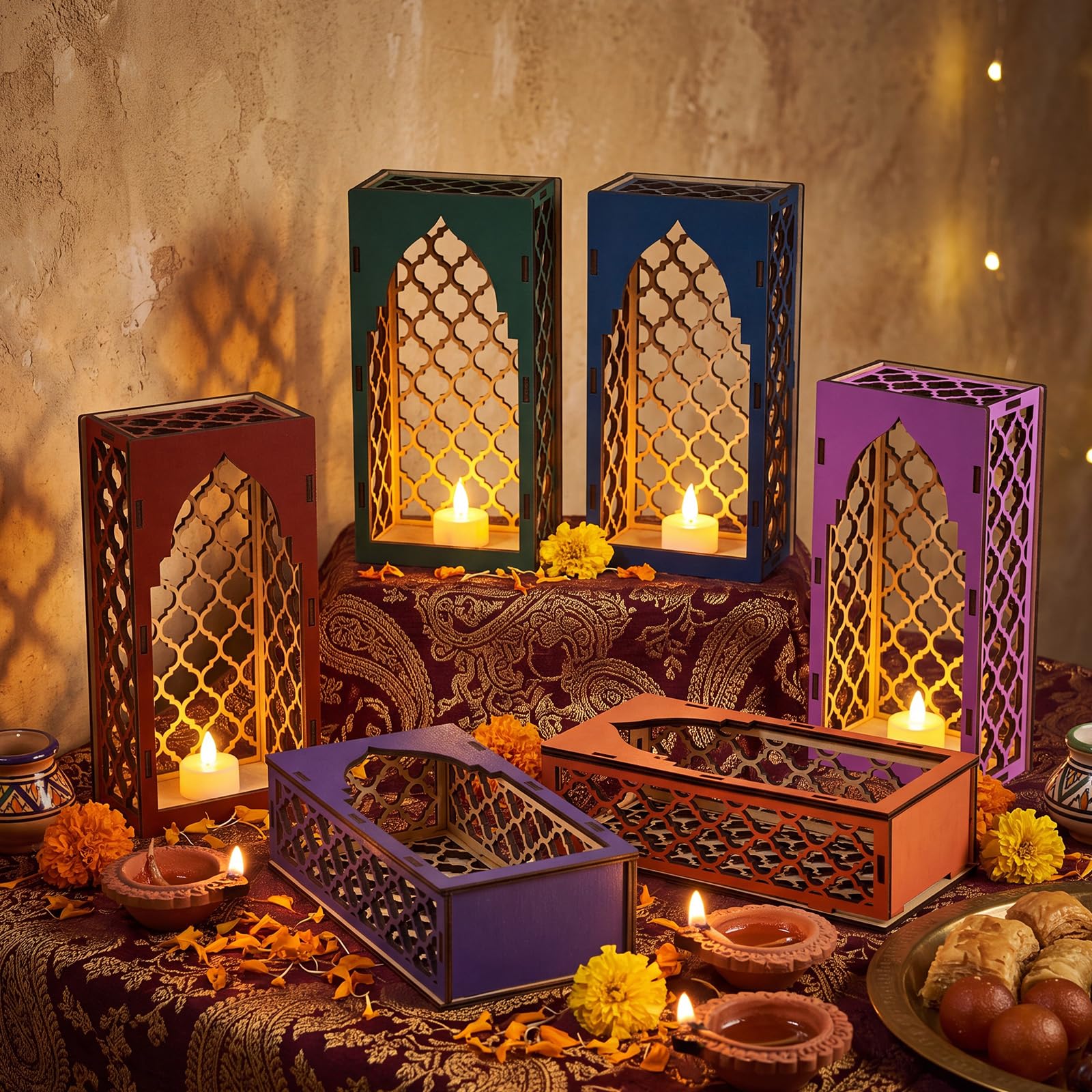 Photo 1 of Ripeng Wooden Lanterns - 6 Set Diwali Tea Light Holders