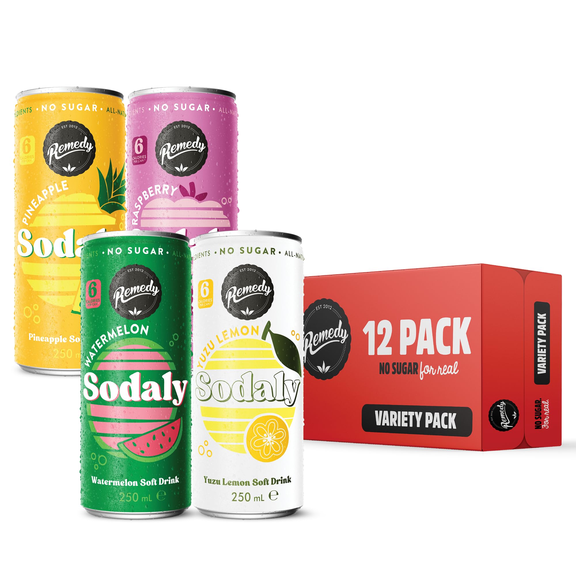Remedy Sodaly Super Mix Pack, 12 x 250ml Cans of Prebiotic Soda - All-Natural Flavoured Fizzy Drink with Prebiotics for Gut Health - Sugar Free Soft Drink with No Artificial Sweeteners