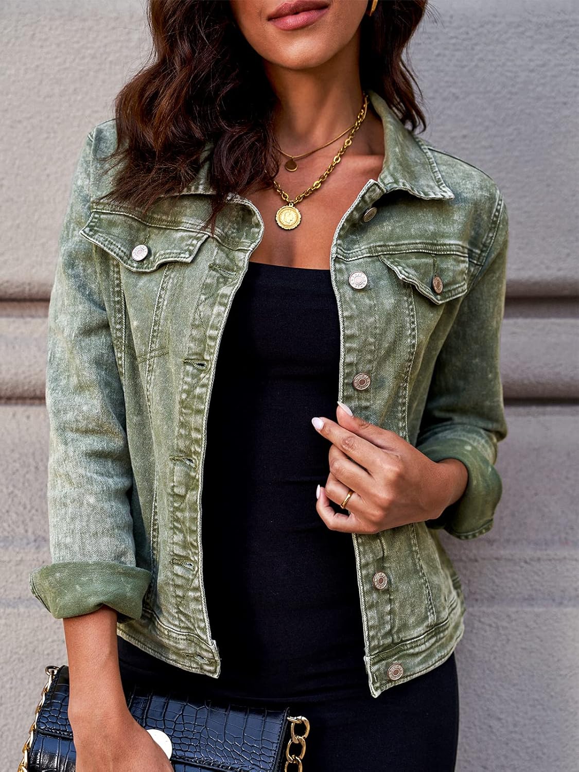 luvamia Women's Basic Button Down Stretch Fitted Long Sleeves Denim Jean Jacket - Image 6