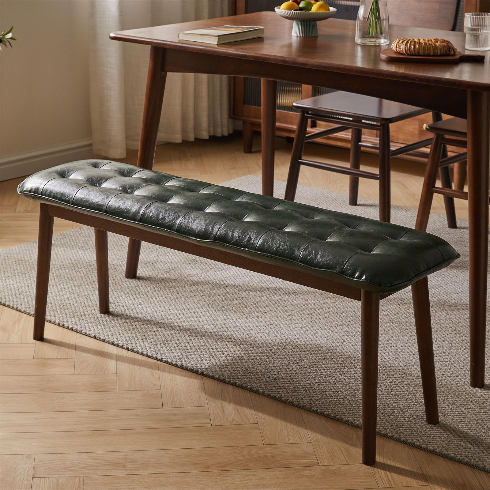 Eingangsbank, Esszimmerbank aus Massivholz, Mid-Century Bank für das Ende des Bettes mit gepolstertem PU-Ledersitz, Schlafzimmerbank, 120 cm L x 32 cm B x 45 cm H （Grün）
