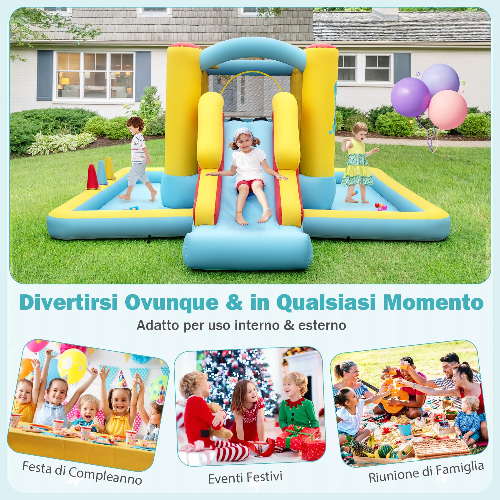 COSTWAY Castello Gonfiabile 7 in 1 per Bambini con Scivolo, Castello Gonfiabile con Mongolfiera, 50 Palline, Anelli e Basket, Gioco Gonfiabile da Interno ed Esterno, per Bambini da 3 a 10 Anni