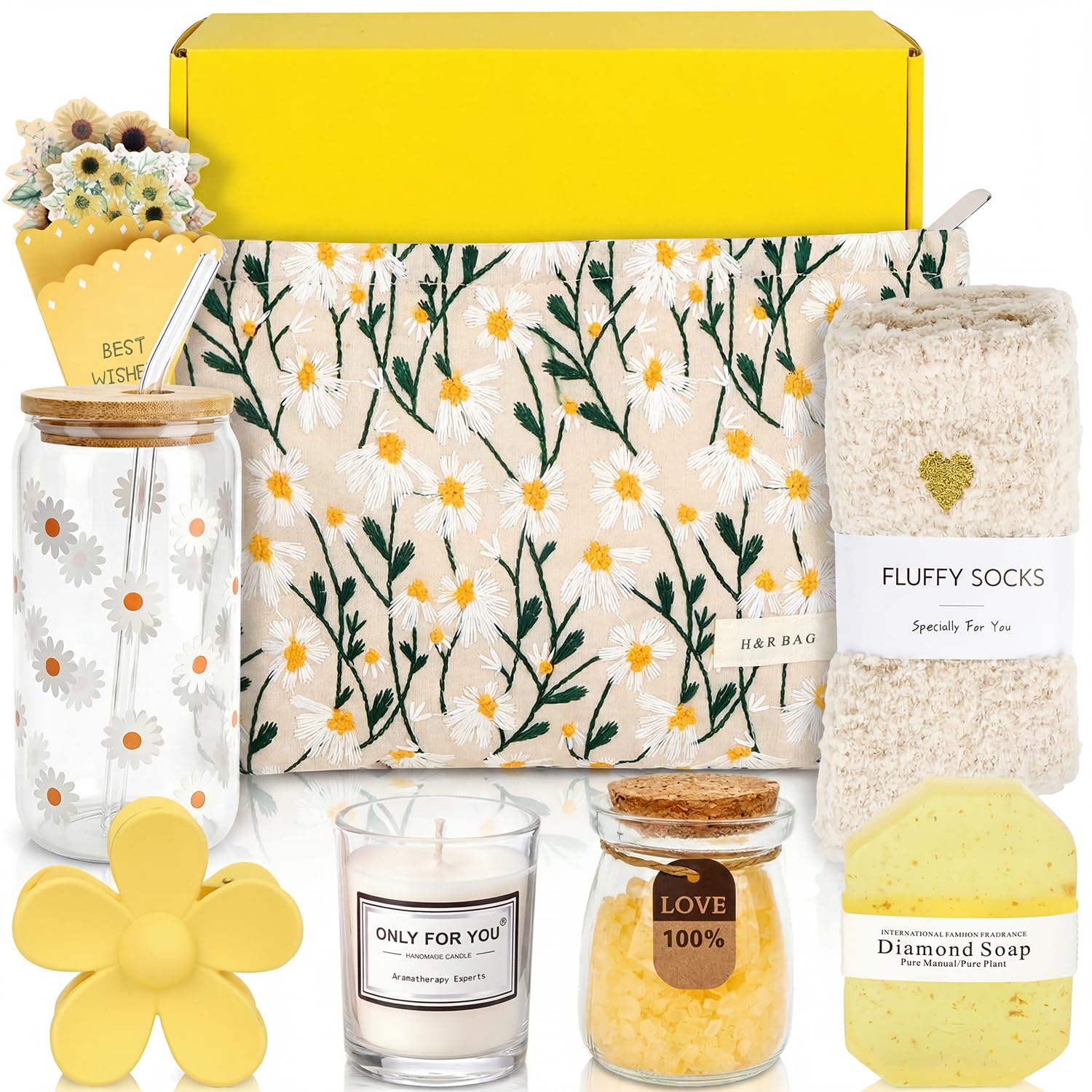 OWill Yellow Daisy Gifts for Women, Birthday Hampers Pamper Gifts for Her, 9PCS Yellow Daisy Self Care Package Relaxation Spa Bath Set, Get Well Soon Thank You Gift Box for Mum, Sister, Best Friend