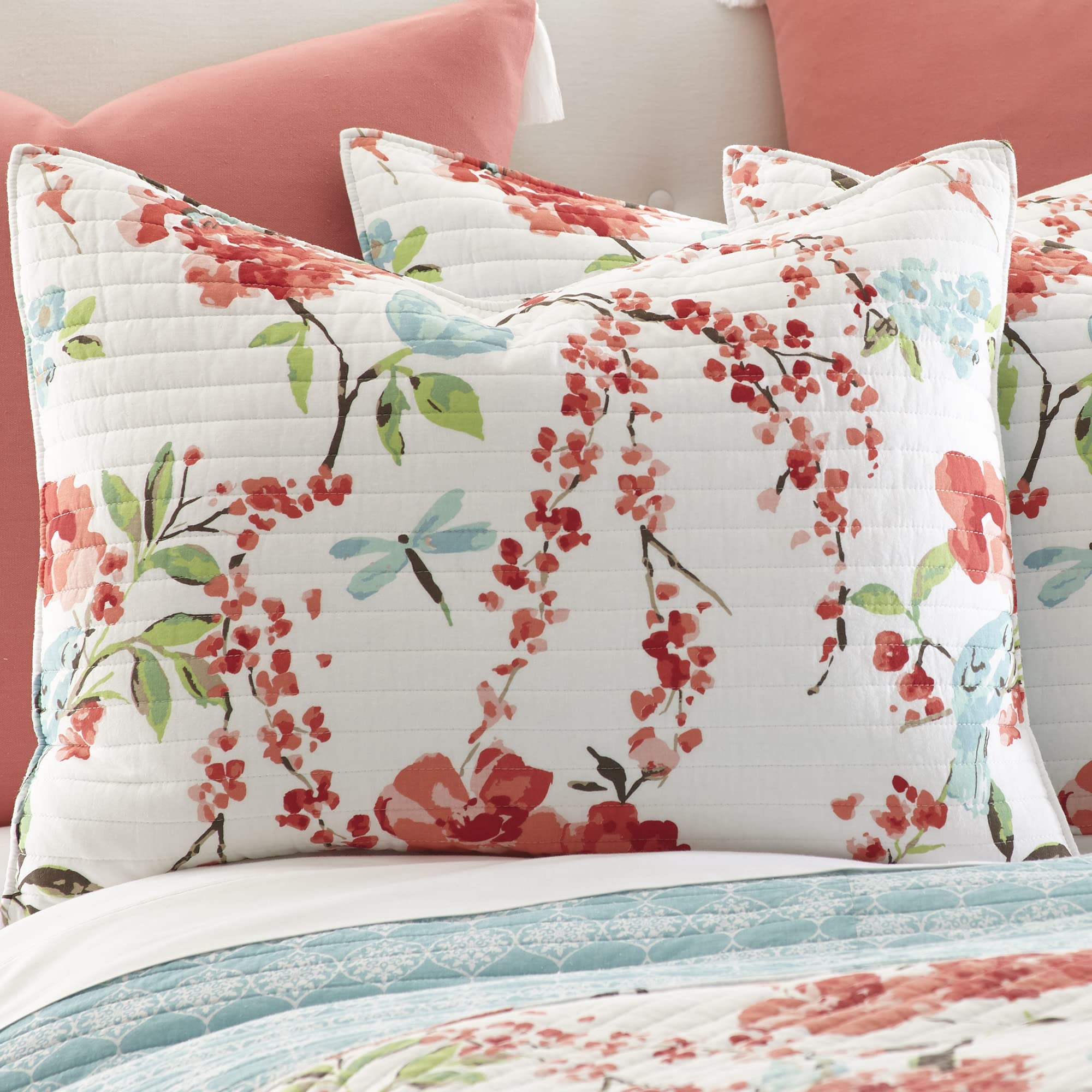 Amazon.com: Simone Floral King Cotton Quilt Set, Red, Teal, Floral, White,  Floral : Home & Kitchen