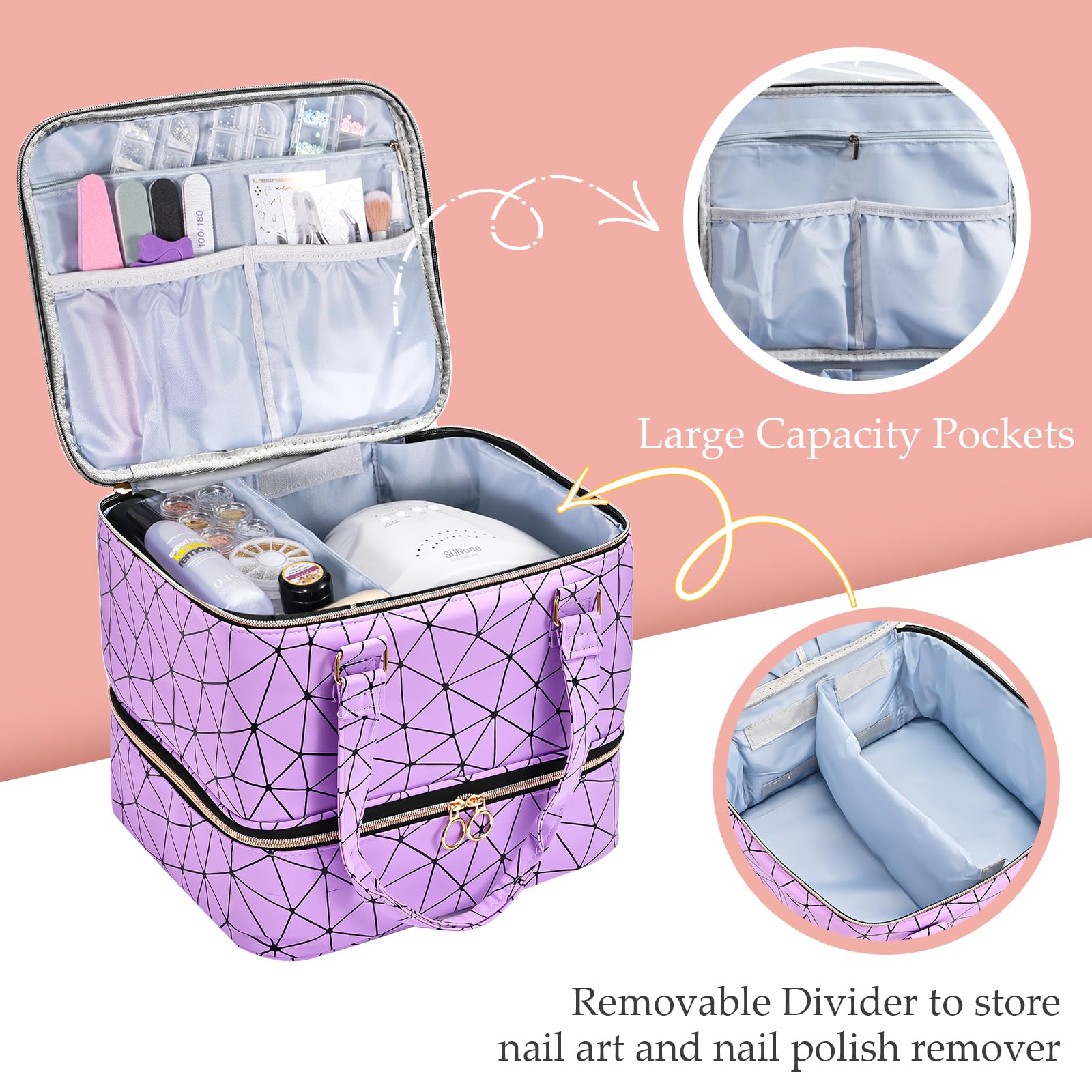 Uross Organizador de esmalte de uñas para 42 botellas de esmalte de uñas y 1 lámpara LED para uñas, bolsa de almacenamiento para decoración de uñas, accesorios (morado)