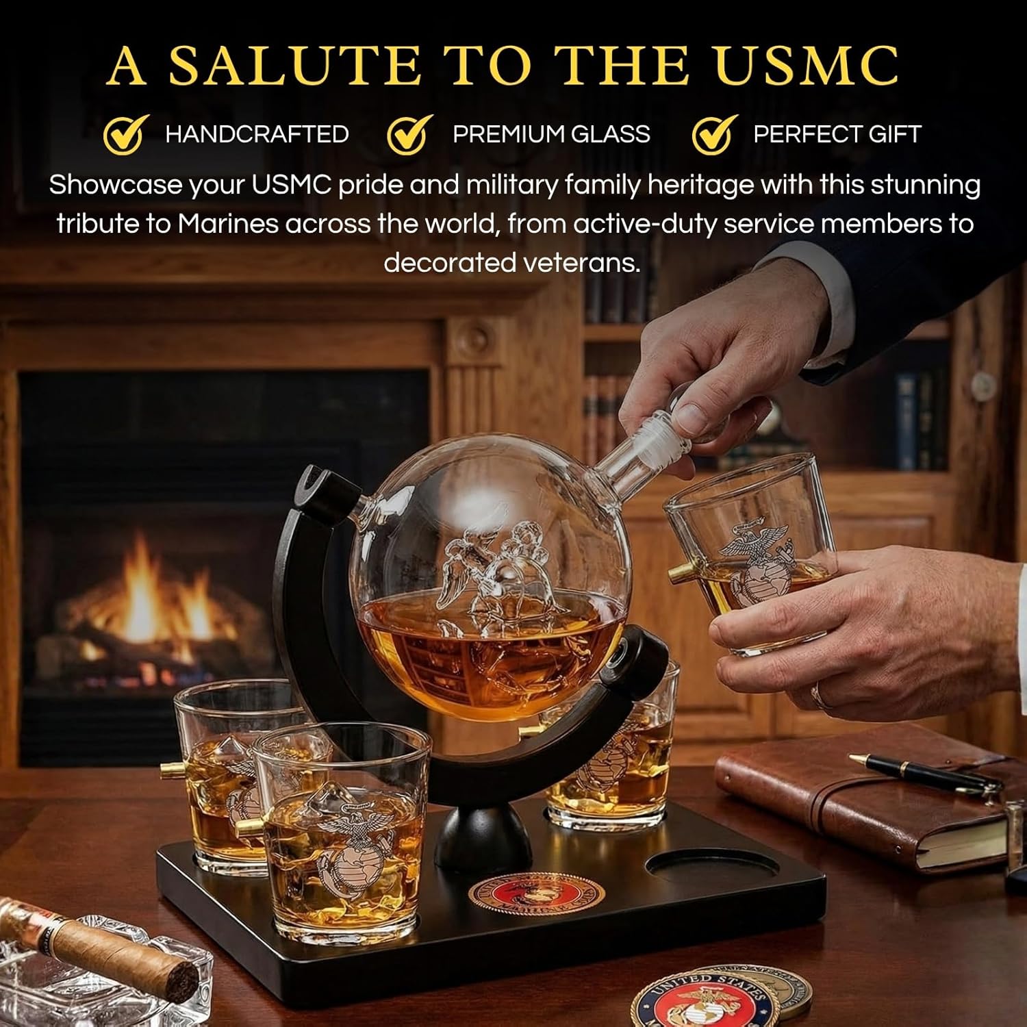 U.S. Marine Globe Whiskey Decanter Set with 4 Liquor Glasses - USMC Gift Set with Mahogany Wood Base & Emblem - USMC Gifts for Men, Bourbon & Scotch Military Gift (29 OZ)