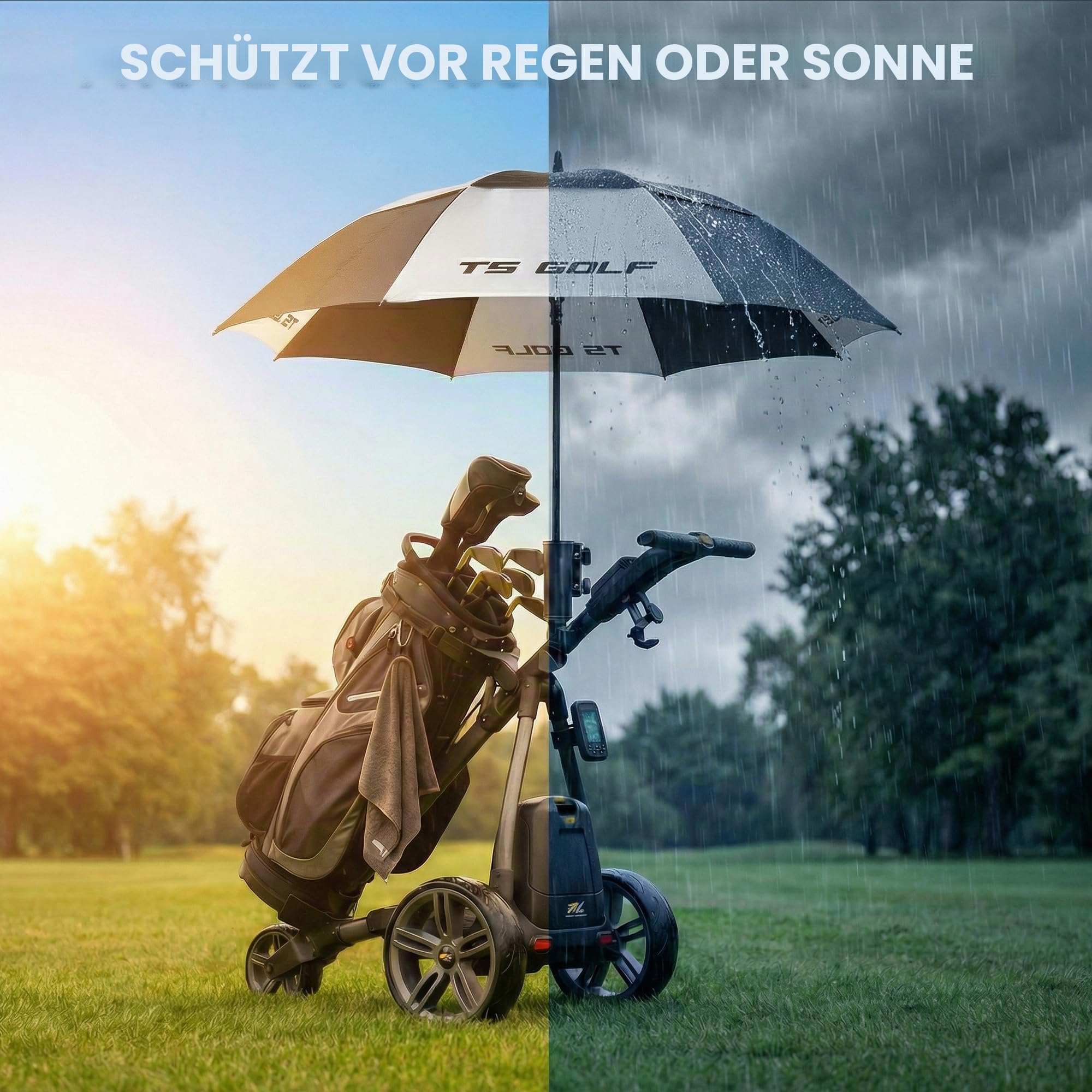 Motocaddy Powakaddy Universal-Golfschirmhalter, passend für alle Modelle, Zubehörstation auf Rahmen, Golfwagen-Regenschirmhalter, verstellbarer Ständer, Golftrolley