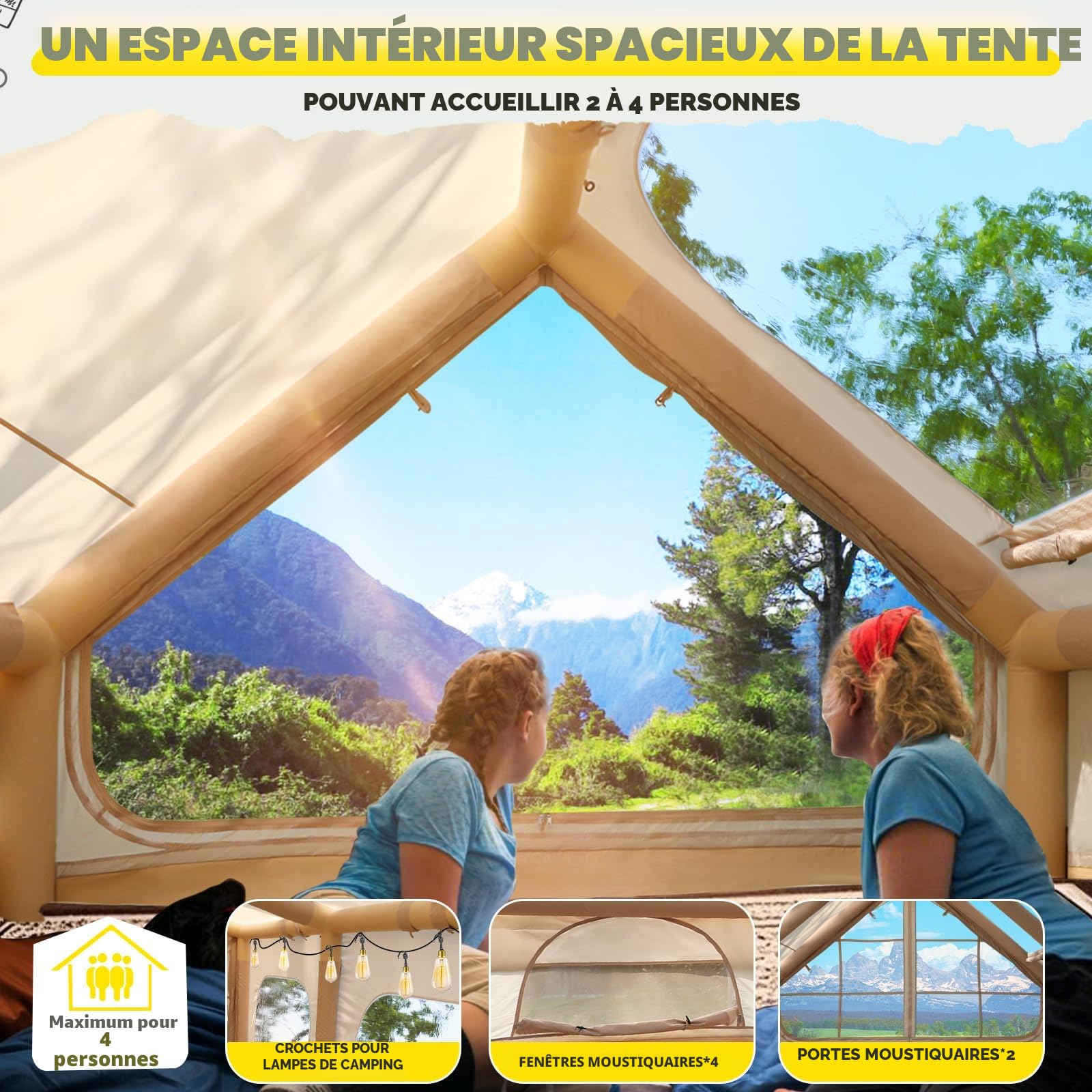 Tente de camping gonflable avec ouverture de cheminée et fenêtre de toit, tente d'extérieur pour 2 à 8 personnes avec pompe à air, tente gonflable en tissu Oxford imperméable pour 4 saisons, montage