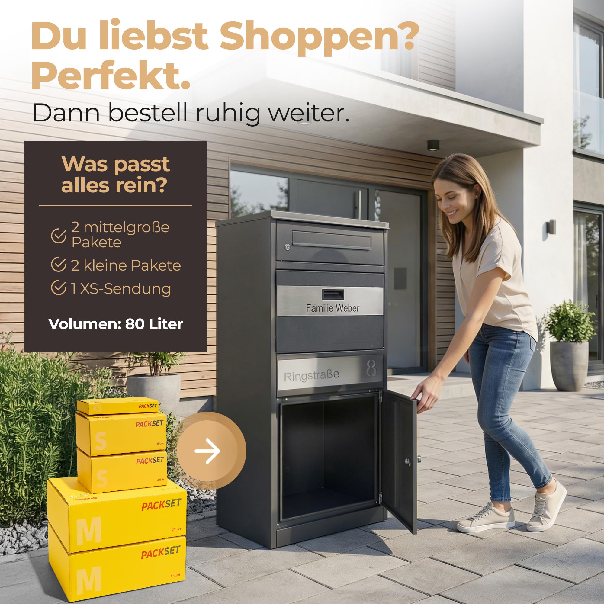 Paketbox Draussen Groß XXL (Anthrazit) | Briefkasten mit Paketfach Freistehend | 100% Wasserdicht & fertig Montiert | Diebstahlschutz Paketbriefkasten für Zuhause (DB703 Eisenglimmer)