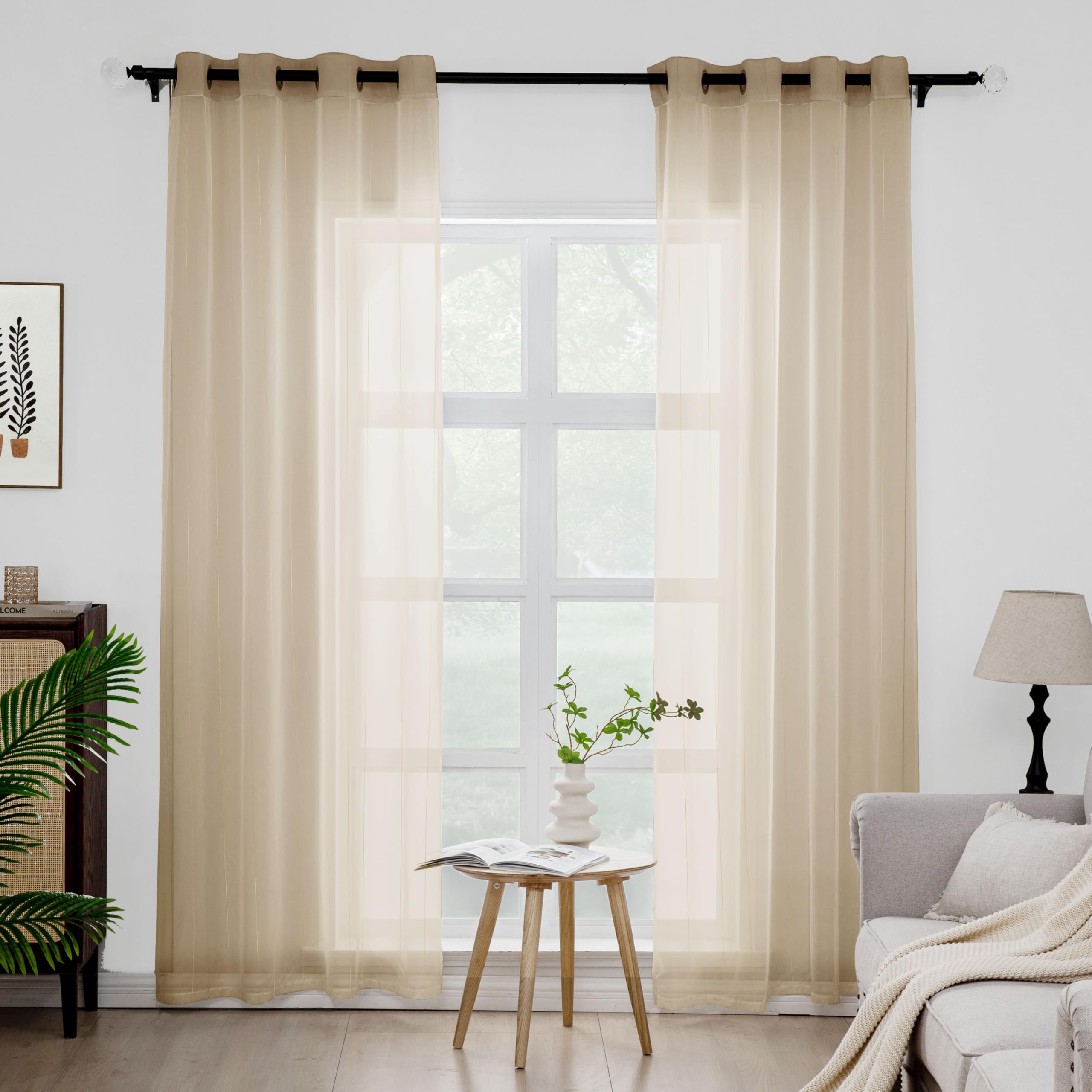 MISSTIAM Foil Stripe Taupe Sheer Curtains 84 inches Length 2 Panels with Grommets 52 inches Widith, Semi Transparant Curtains for Living Room and