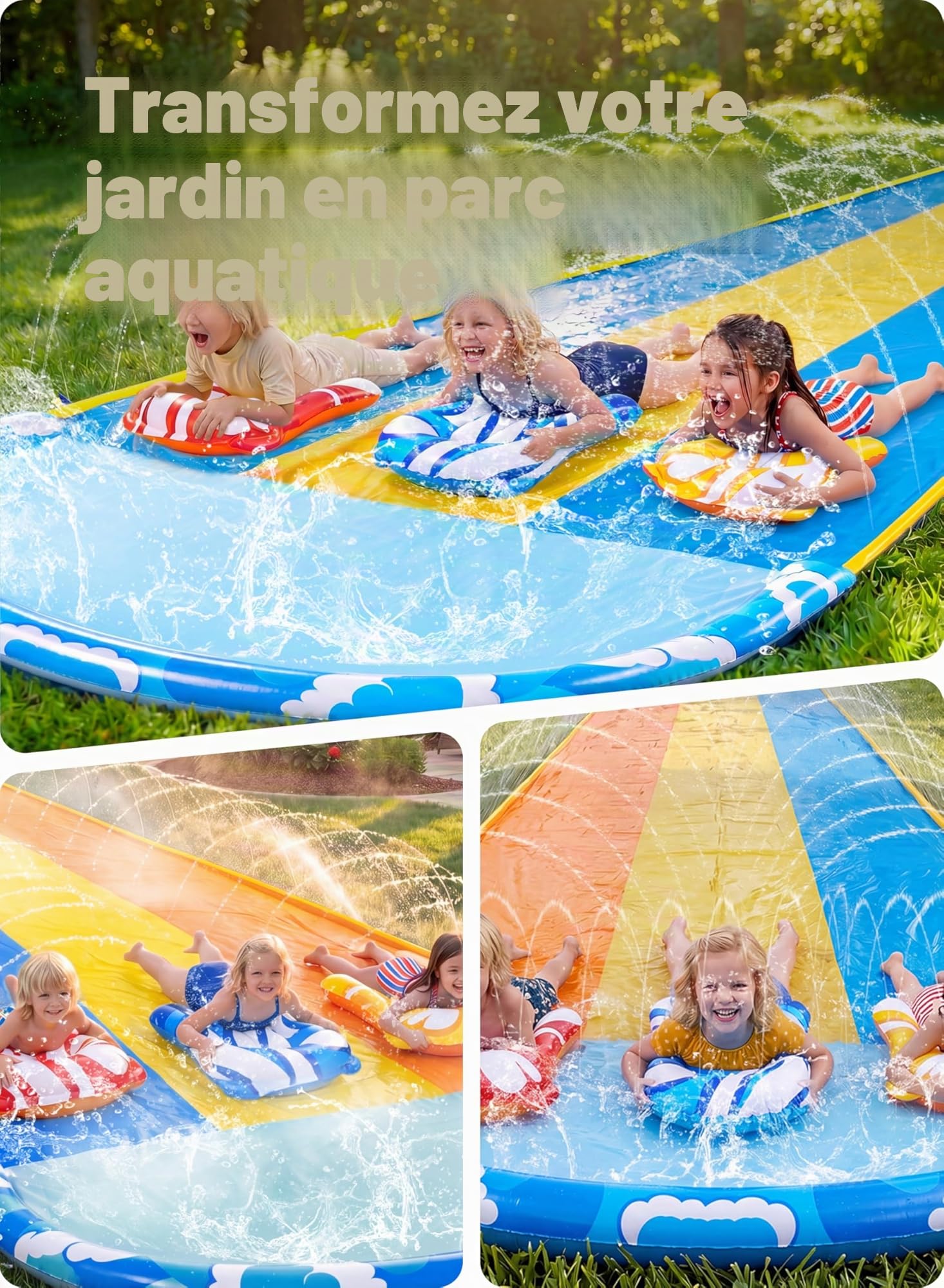 Sloosh Toboggan Aquatique Triple 22,5ft x 84in/685.8 * 213.3cm avec Vagues, Toboggan de pelouse résistant avec 3 bodyboards et arroseur, Jouet d'eau d'été pour Enfants et Adultes, extérieur et Jardin