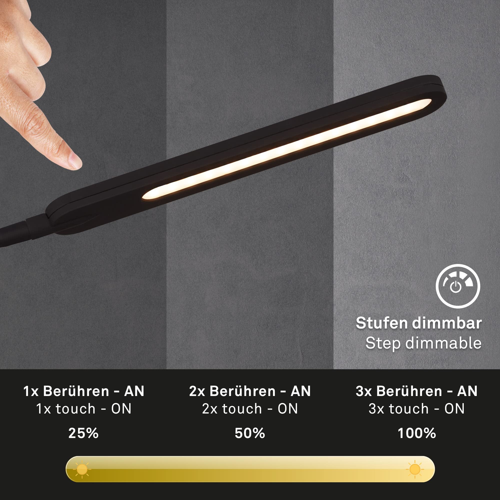 BRILONER - LED bureaulamp, tafellamp met touchfunctie, traploos dimbaar, kleurtemperatuurregeling, bureaulamp 6,5 Watt, 600 Lumen, wit, 230 x 165 max. 950mm (LxBxH