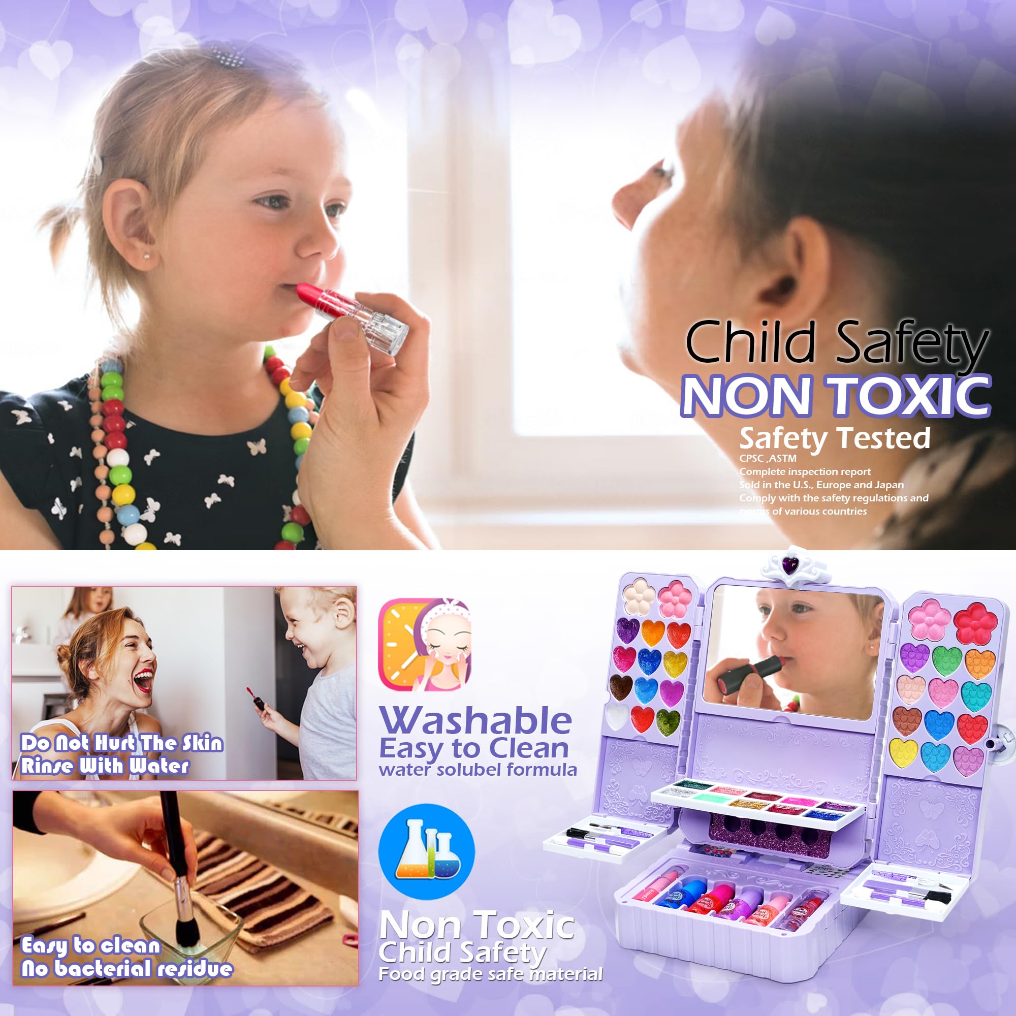 Juego de maquillaje infantil para niña, lavable, juego de maquillaje, juguetes, caja de maquillaje, juguetes, Halloween, Navidad, cumpleaños, 4-12 años, color lila