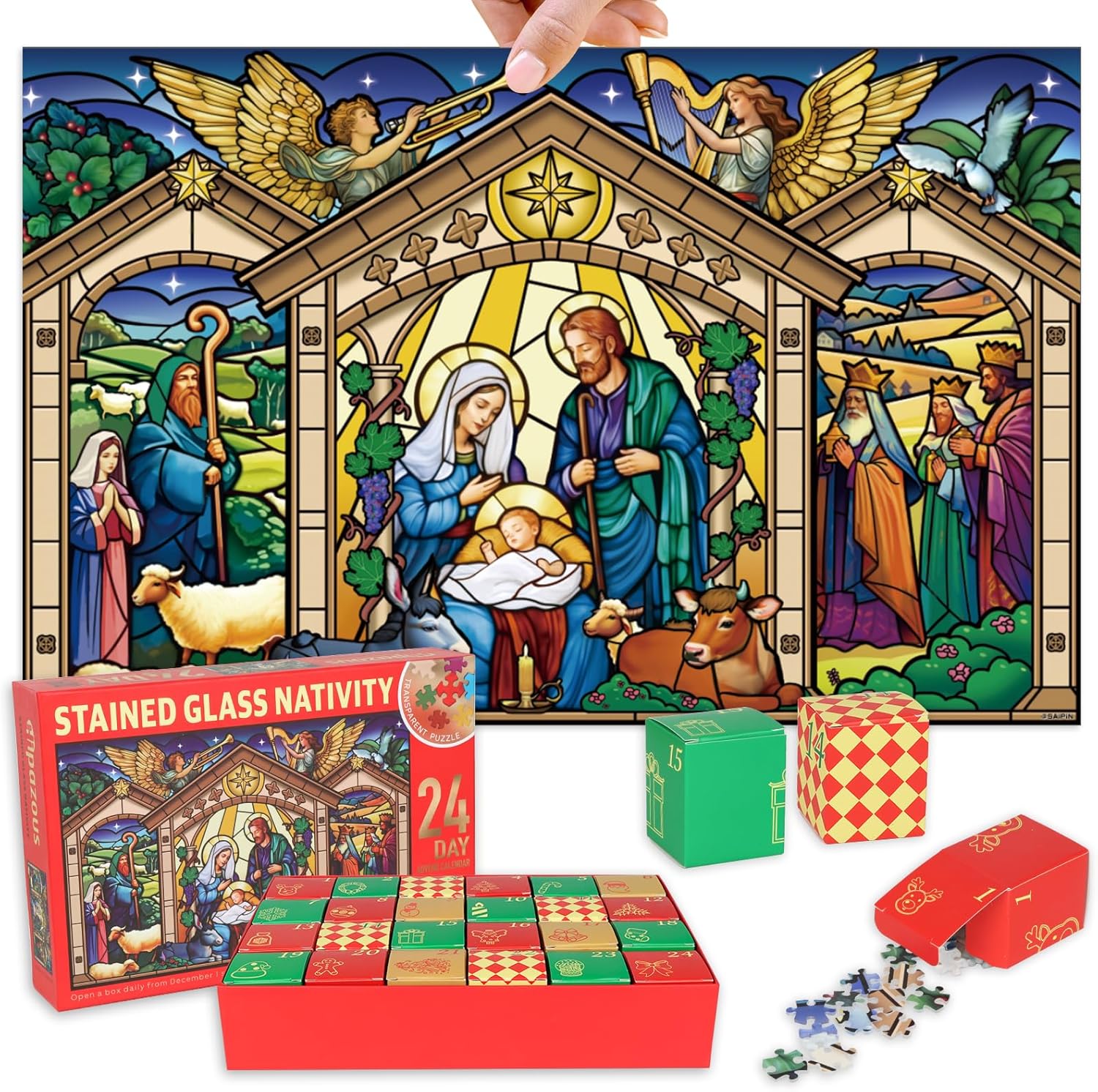Jigsaw Puzzle Advent Calendar 2024,1600 Piece Transparent Plastic with Stained Glass Nativity Theme,24 Day Christmas Countdown,No Missing Piece Ever Gift for Kids Adults,28.2 * 18 inch