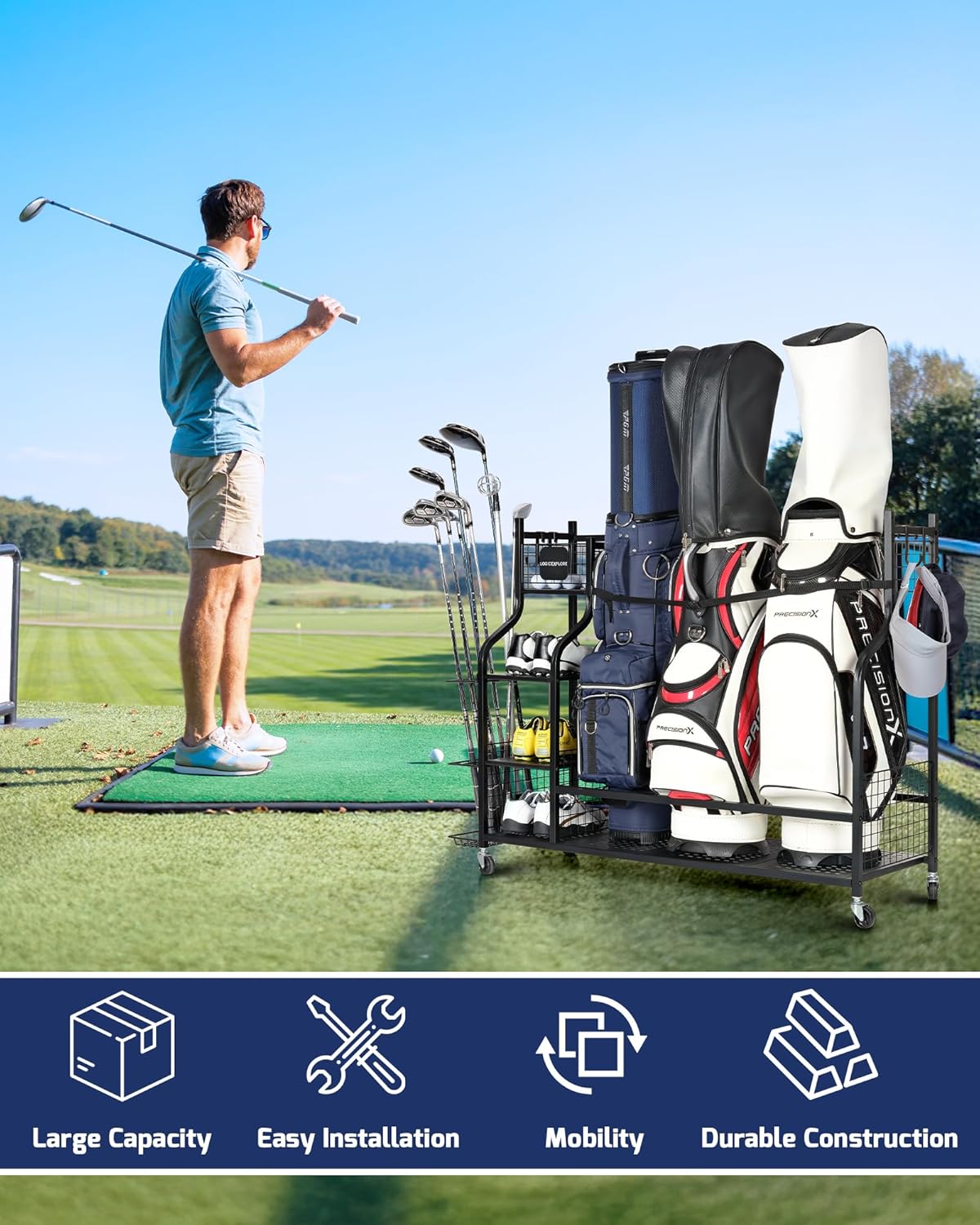 Golf Bag Storage Organizer Rack for Garage, Golf Bag Stand with Rolling Wheels, Heavy-Duty Metal Golf Equipment Organizer for Home, Garage, Clubhouse