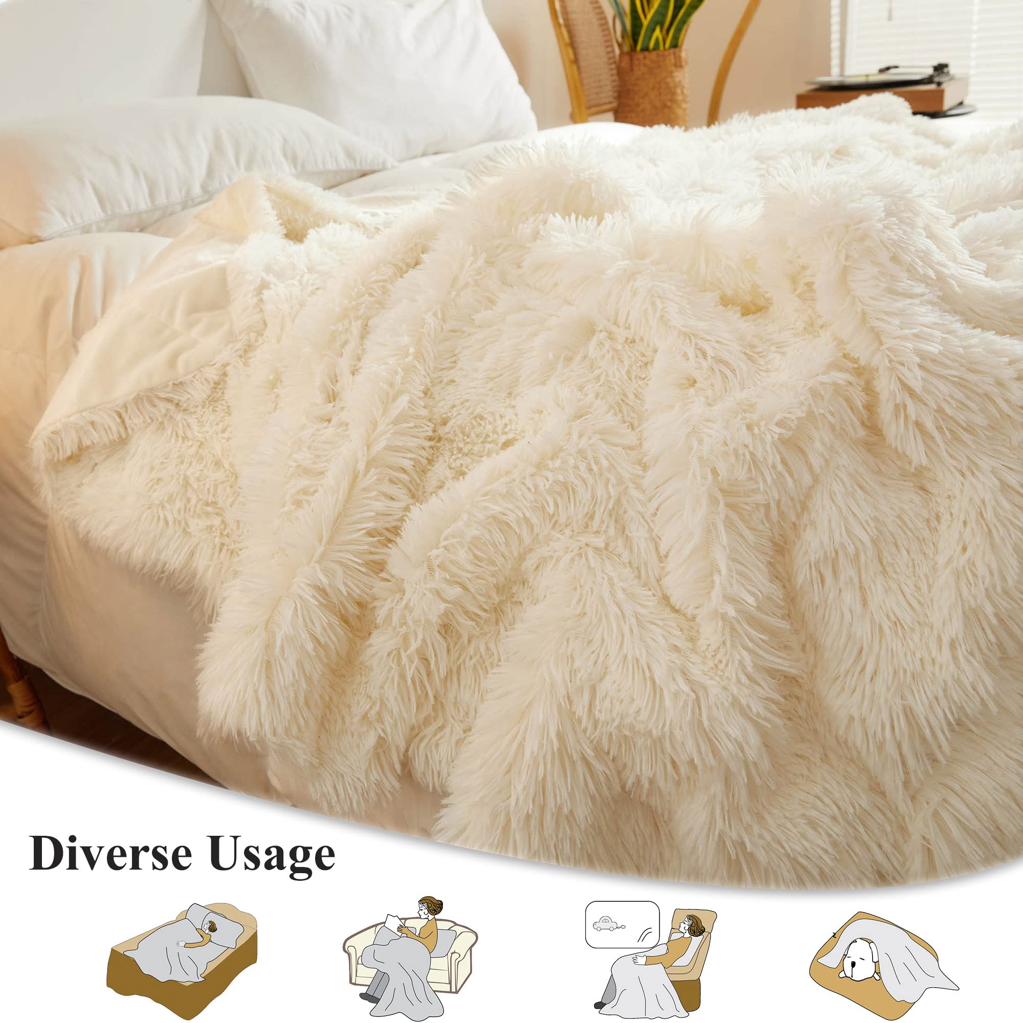 XeGe Luxury Faux Fur Blanket, Beige Soft Big Fluffy Throw, Shaggy Plush Decorative Couch Blanket Ivory - Image 3