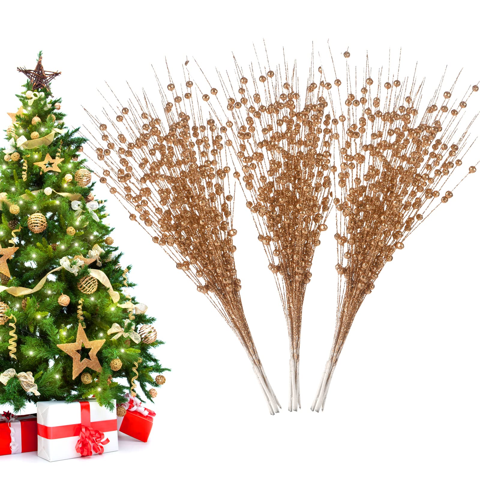Losris Christmas Artificial Glitter Berry Stem Decorations Decorative Bead Sticks Xmas Picks Glittery Twigs Branches for Christmas Tree Wreath Gift Vase Decor Party Ornaments Rose Gold 24 PCS