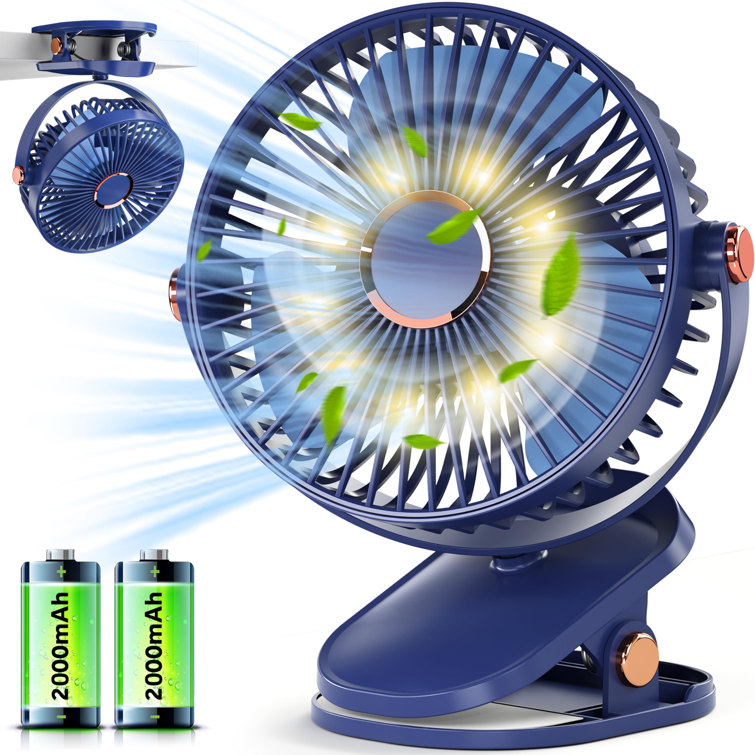 BoriYa USB Ventilatore con Pinza-Piccolo Ventilatore da Tavolo Silenzioso con Luce LED,Portatile Ventilatore da Scrivania con Batteria 4000mAh,Clip Ventilatore Tavolo Ricaricabile per Comodino,Ufficio