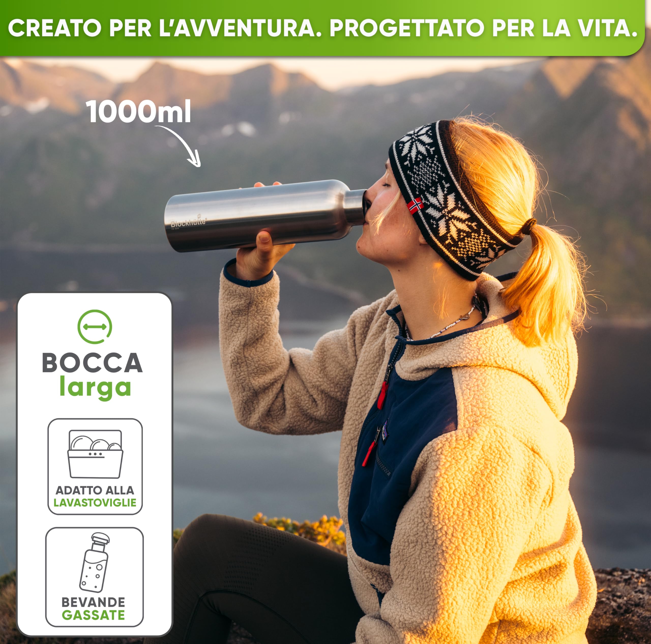 Blockhütte Borraccia Termica Acciaio Inox, Thermos per Bevande Calde fino a 13 ore, Bottiglia Termica a prova di perdite, Borraccia Palestra, Bottiglia Acqua lavabile in lavastoviglie
